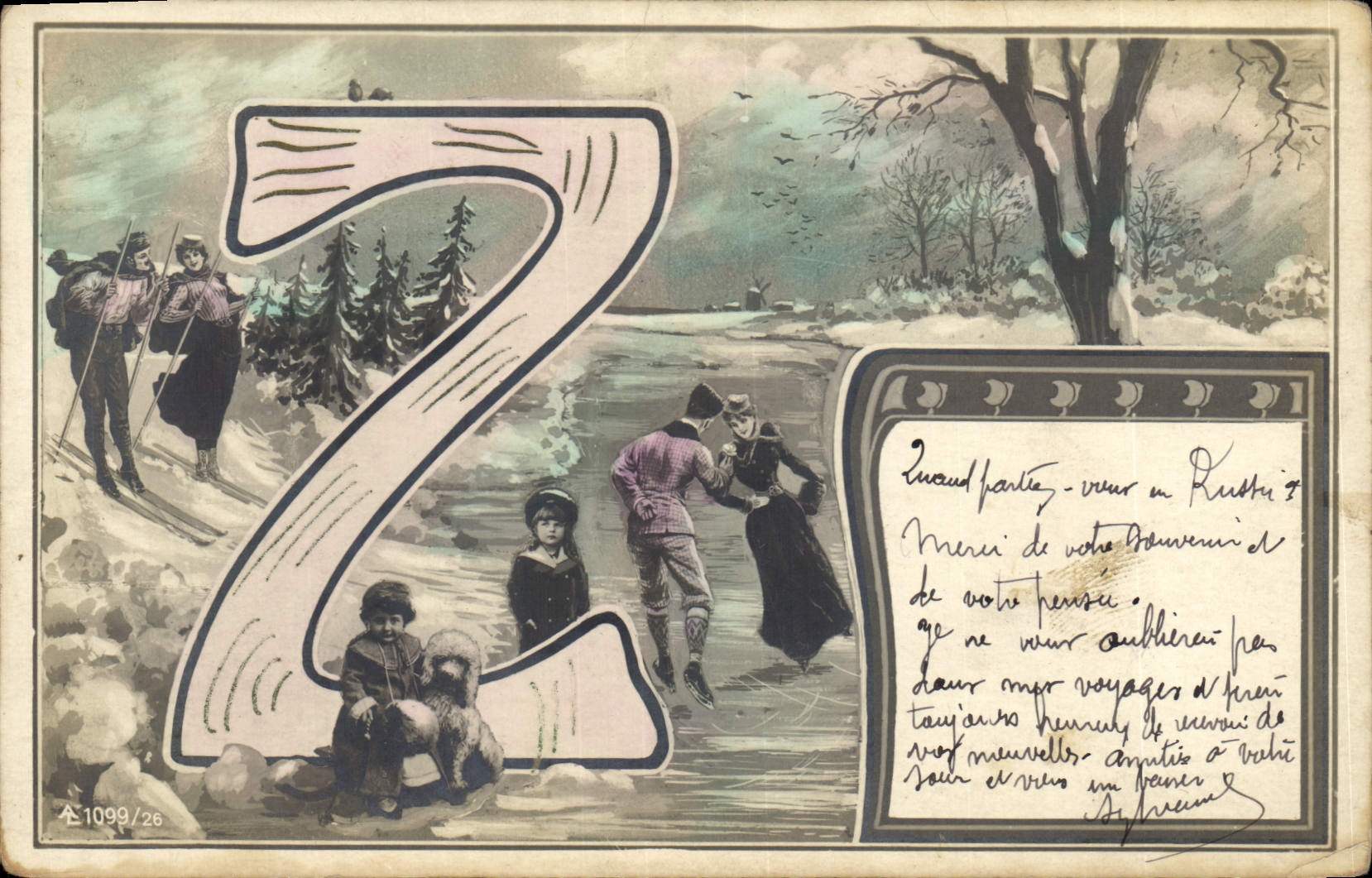 Vintage Postcard Fantasy Woman Letters Letter Z Ski