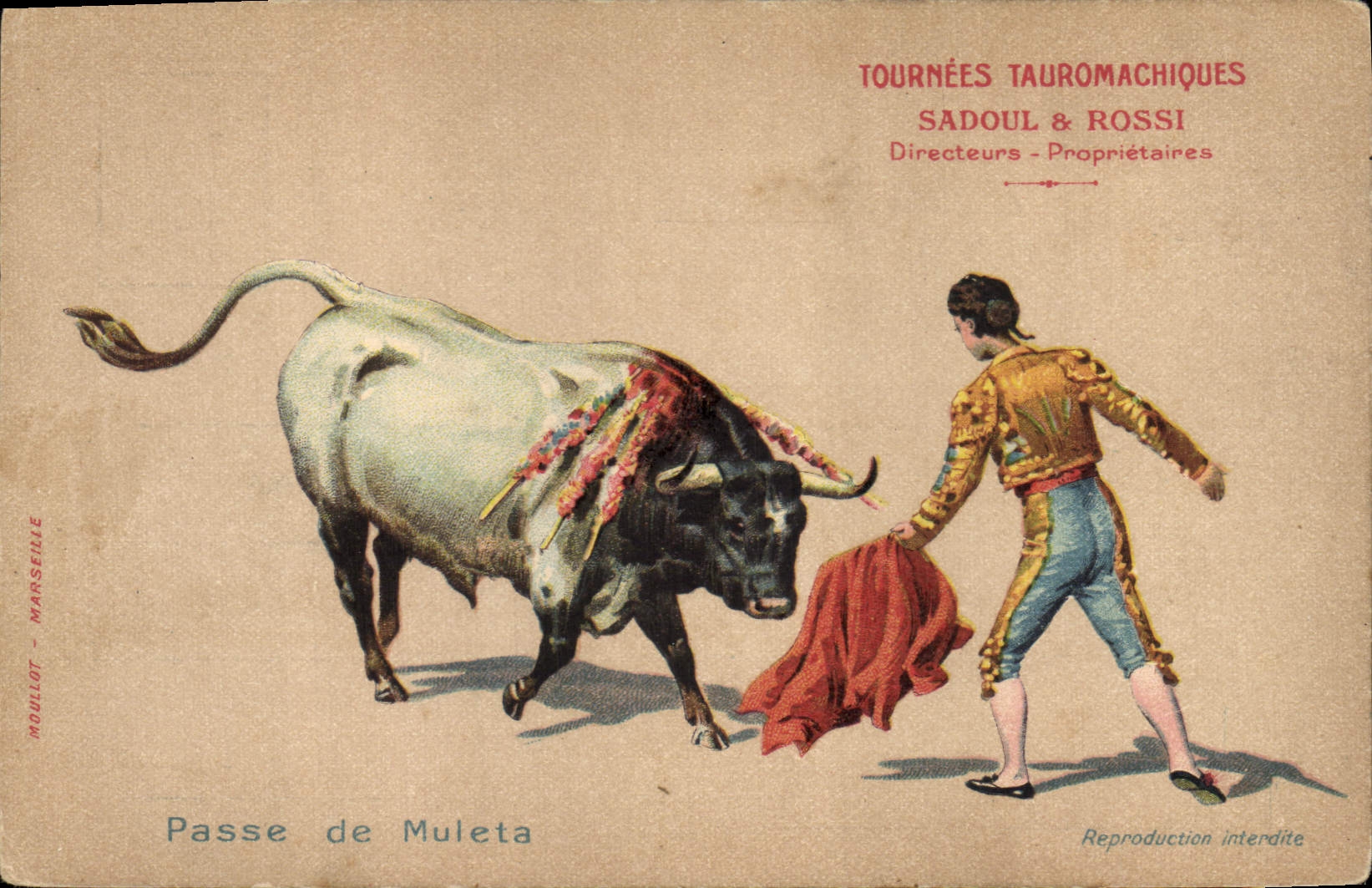 Postal Corrida Curso de toros Paso de Muleta a Volver Tauromachiques Sadoul y Rossi