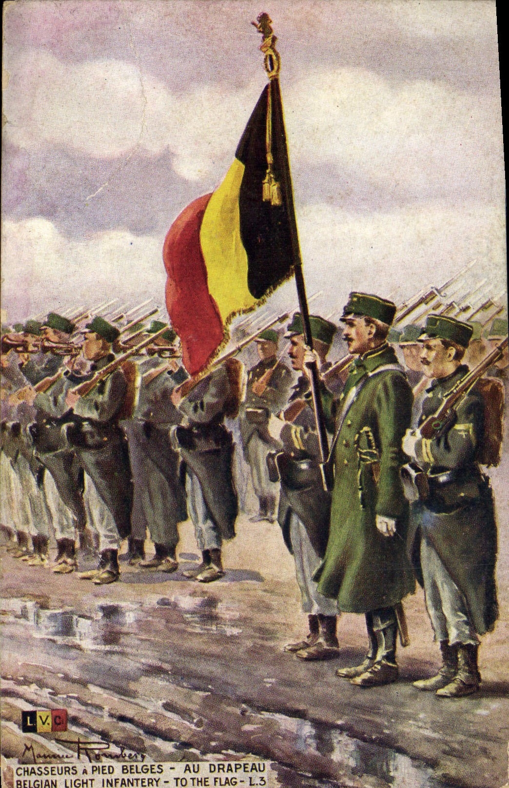 CPA Militaria Chasseurs a pied belges Au drapeau