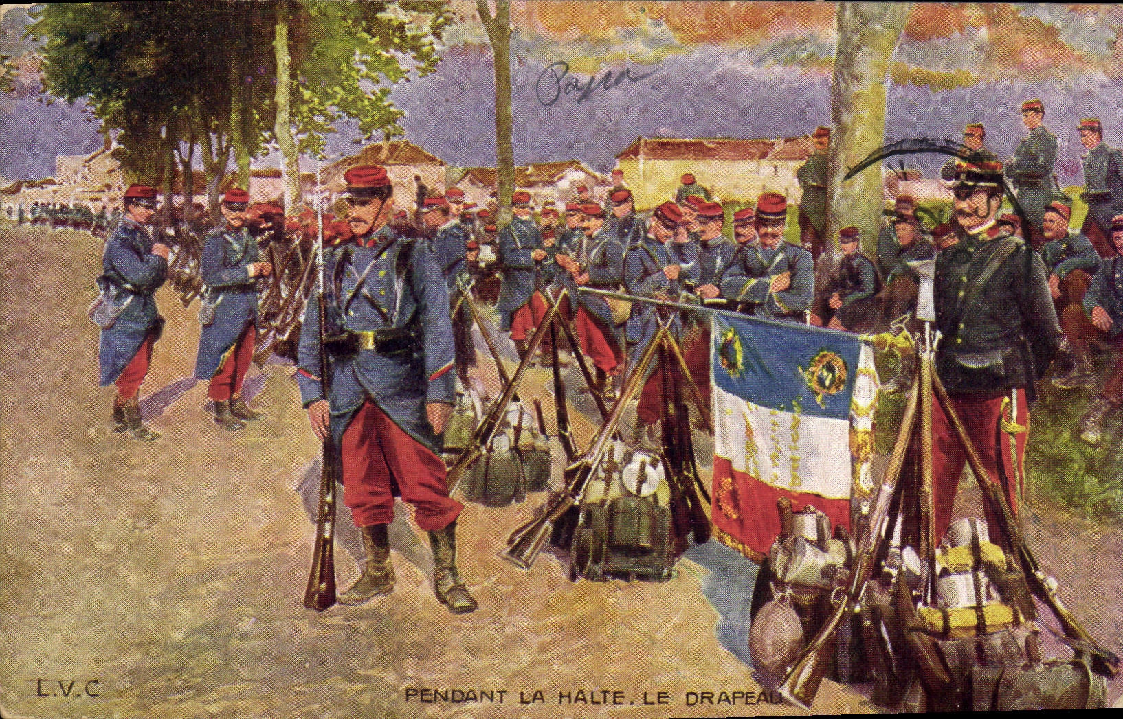 CPA Militaria Pendant la halte le drapeau