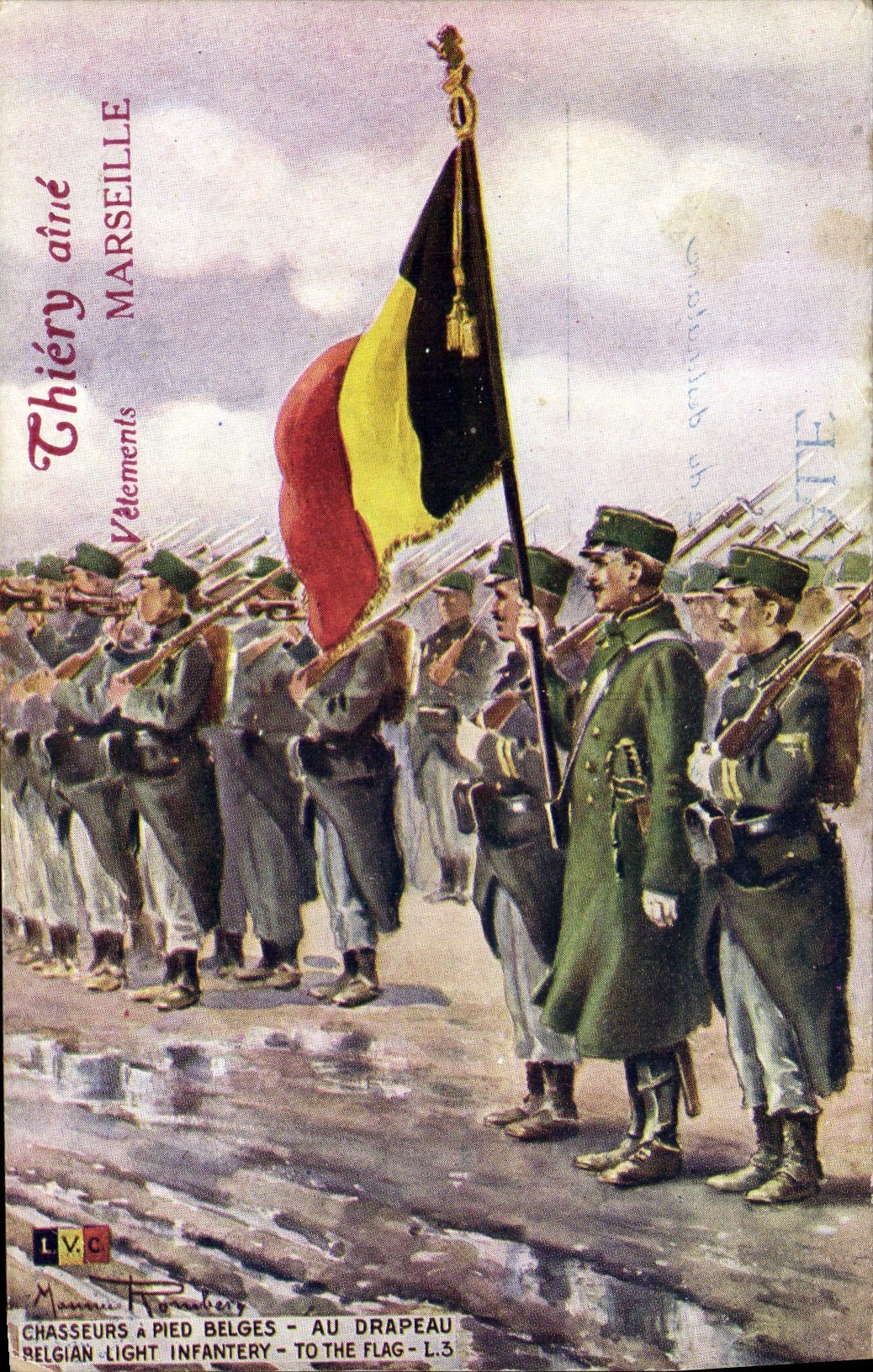 CPA Militaria Chasseurs a pied belges Au drapeau