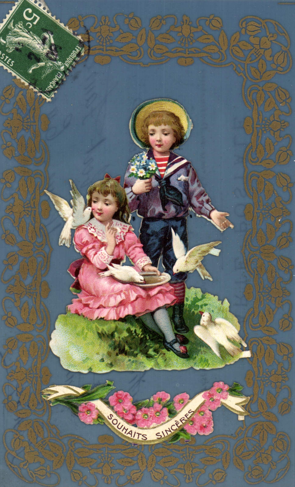 Vintage Postcard Fantasy Flowers Children Doves