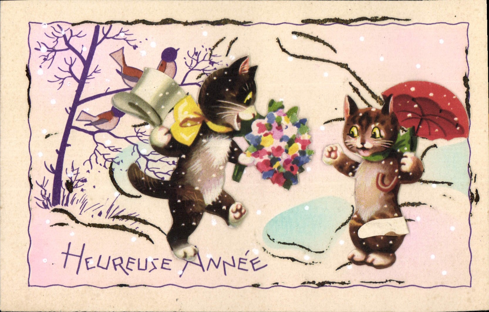 Vintage Postcard Fantasy Flowers Cats Cat Kitten