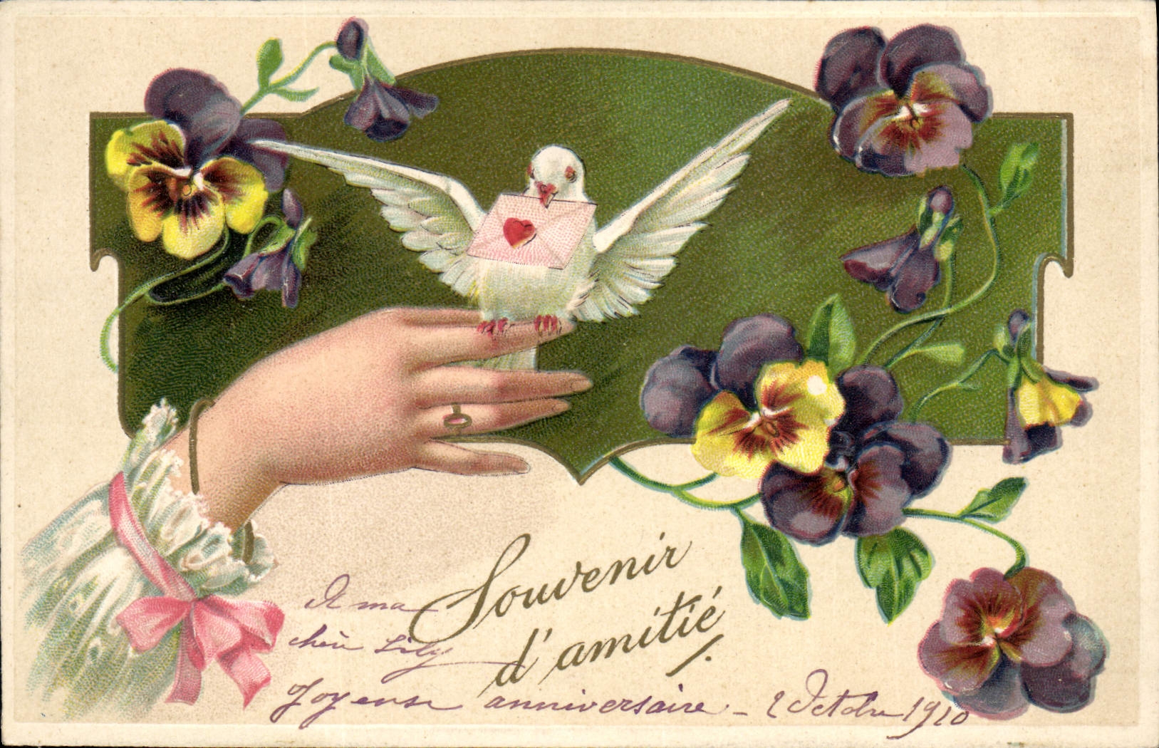Vintage Postcard Fantasy Flowers Dove Hand