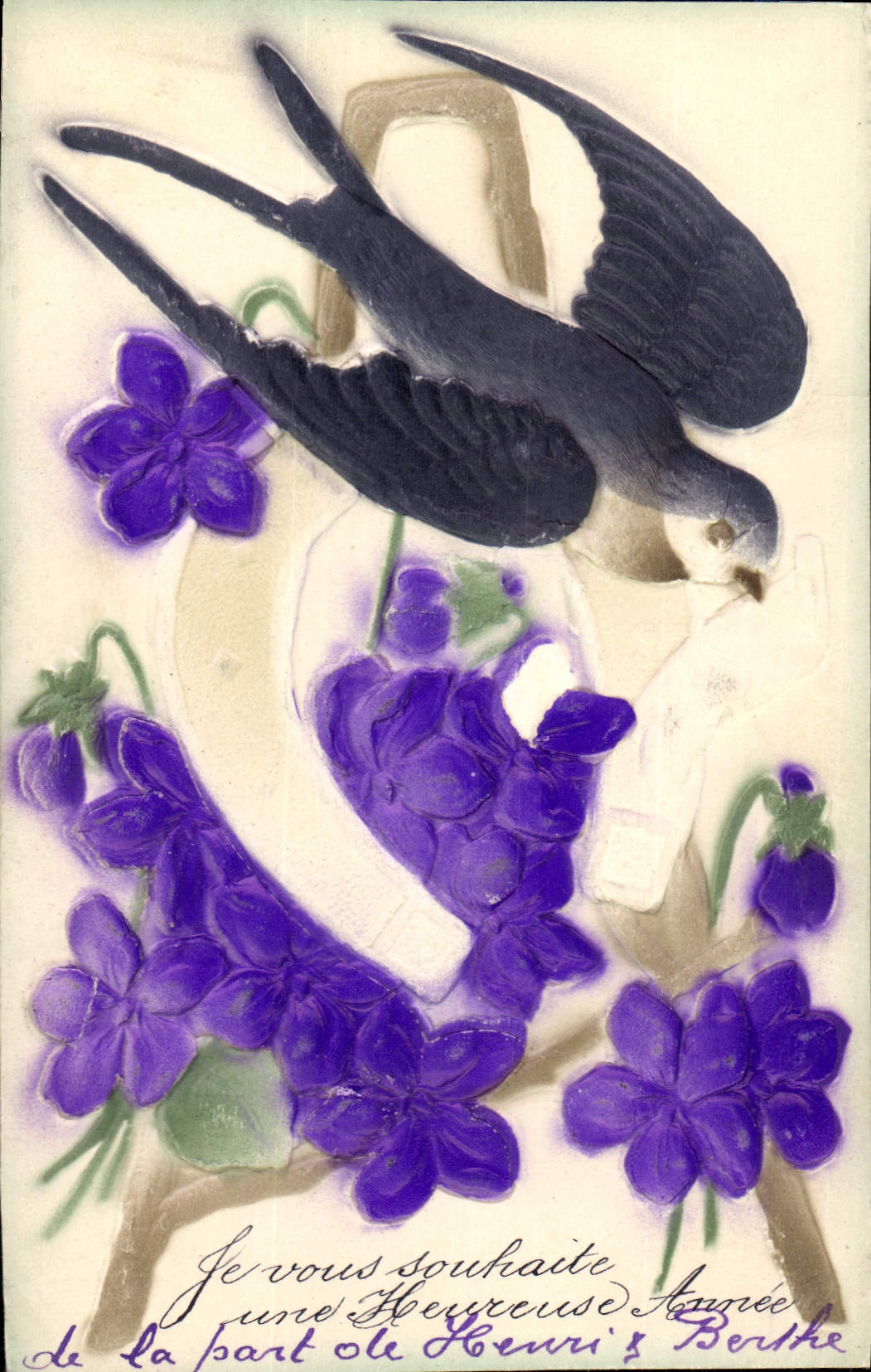 Vintage Postcard Fantaisie Flowers Bird Horseshoe