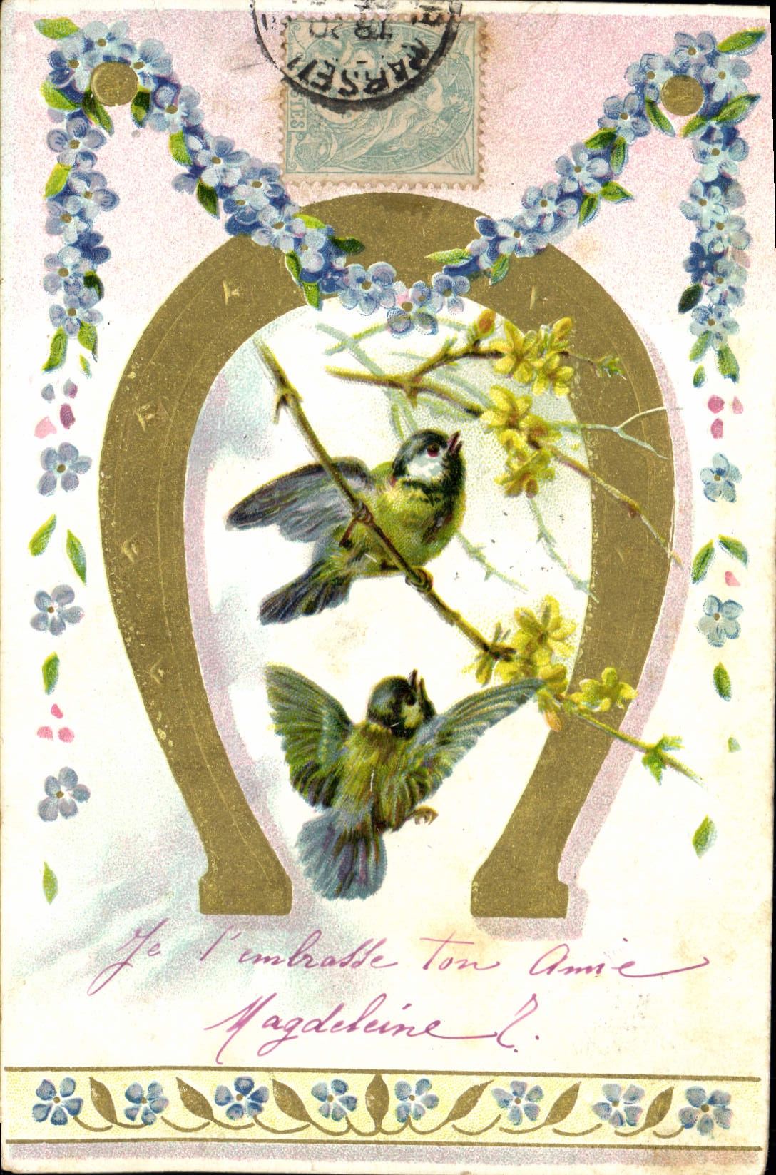 Vintage Postcard Fantaisie Flowers Birds Horseshoe