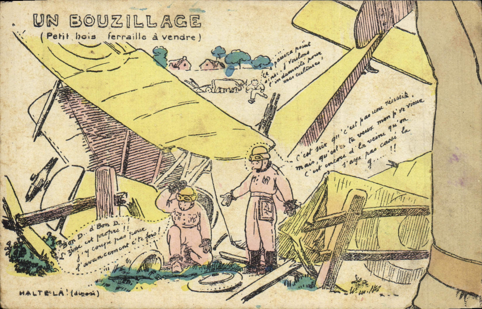 CPA Puzzle Militaria Un bouzillage Petit bois ferraille a vendre Aviation Avion 