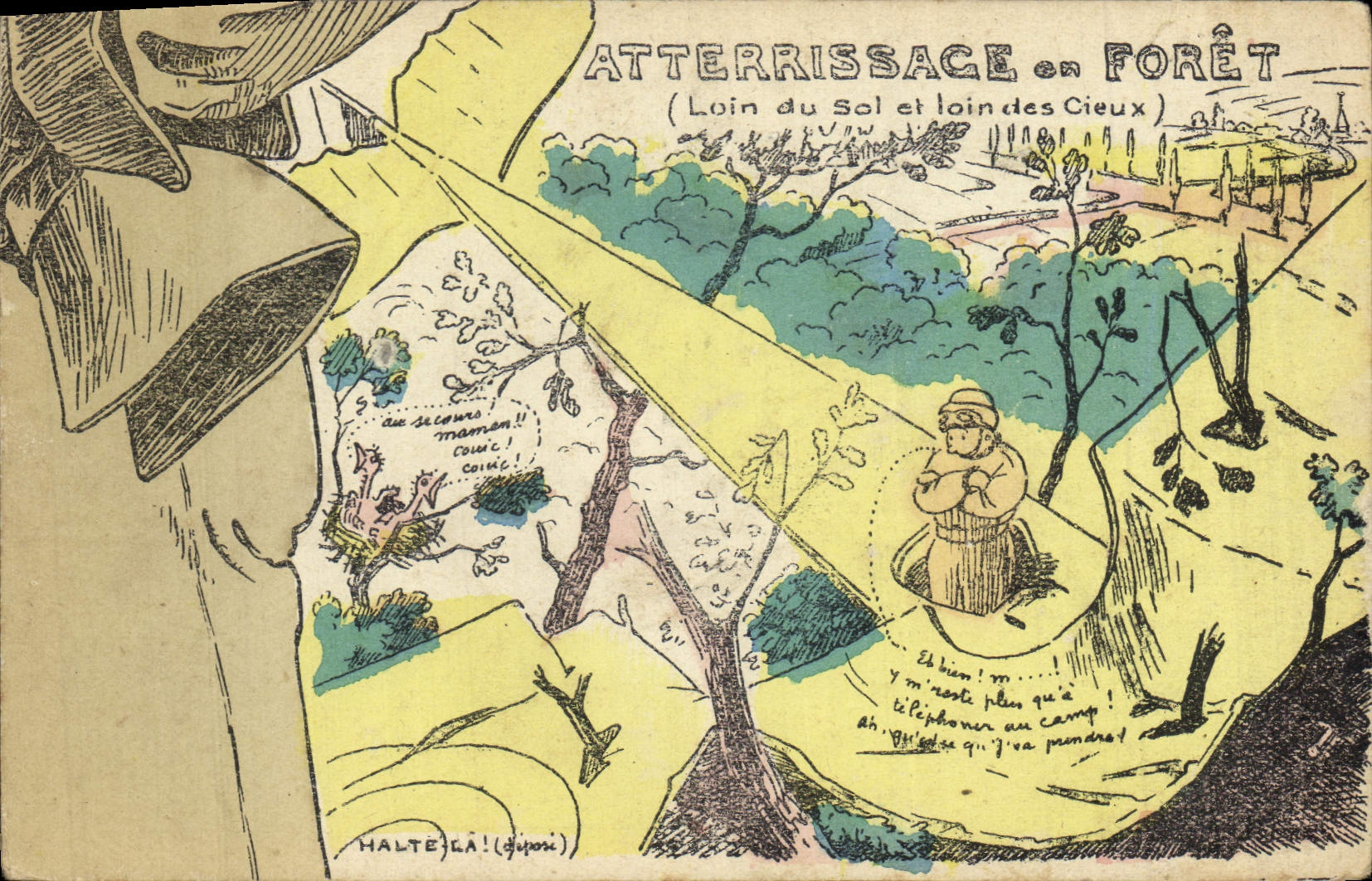 CPA Puzzle Militaria Atterissage en foret Avion Aviation Loin du sol et loin des cieux 