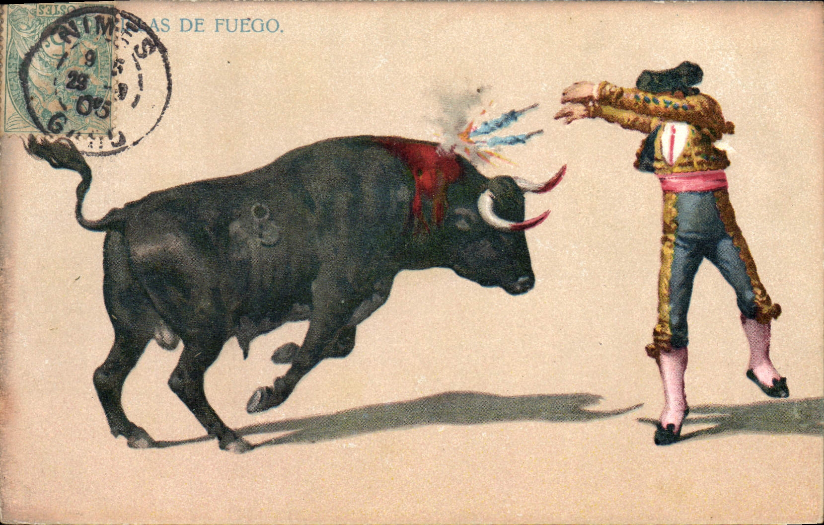 Vintage Postcard Bullfight Bullfight Fuego