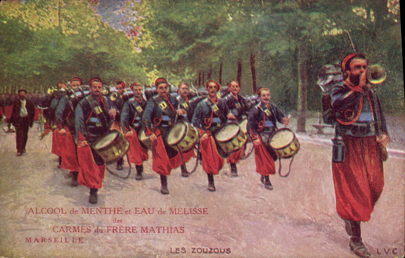 Vintage Postcard Militaria the zouzous Medicinal mint spirit Brothers Mathias Marseilles