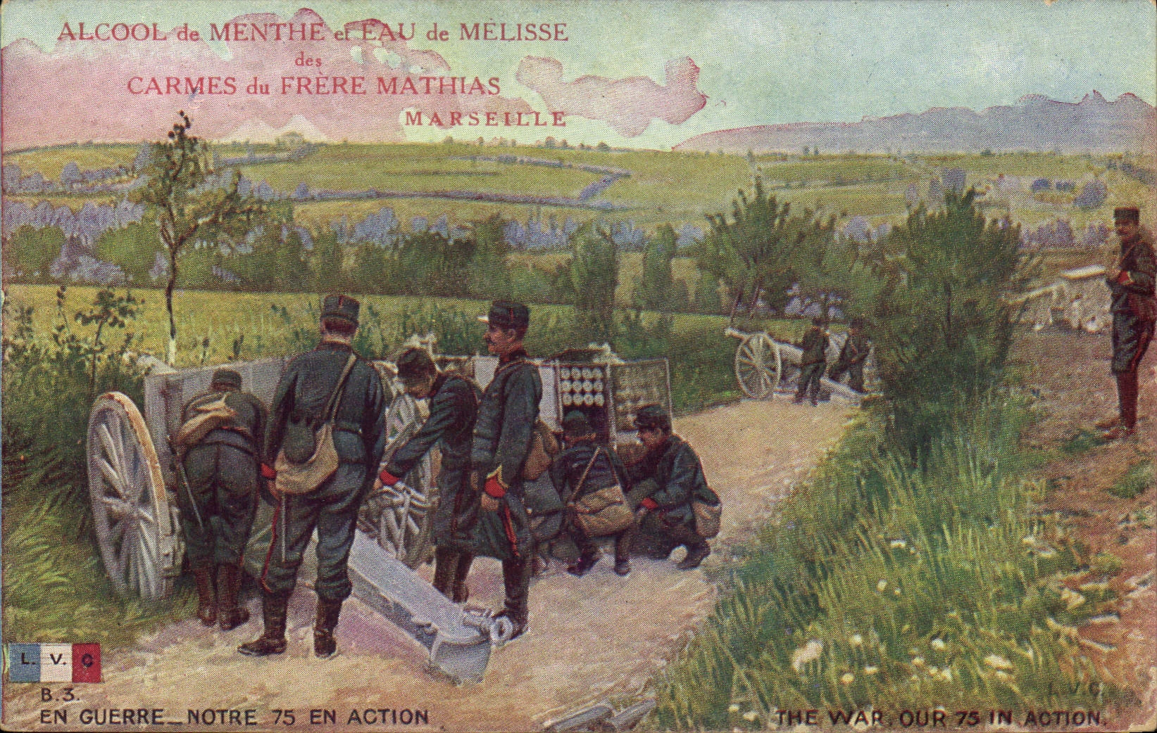 CPA Militaria Notre 75 en action Alcool de menthe Freres Mathias Marseille