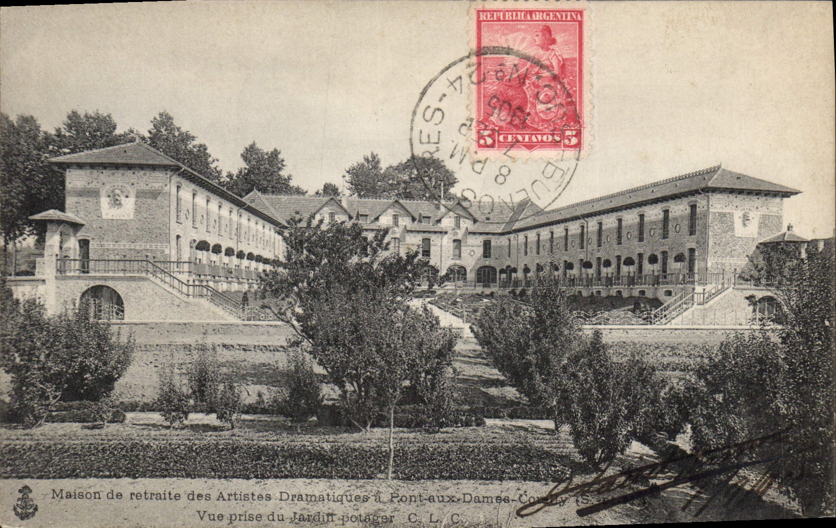 Vintage Postcard Cinema Old people's home of the Stage actors has Pont with the Ladies Couilly Vue taken of the vegetable garden