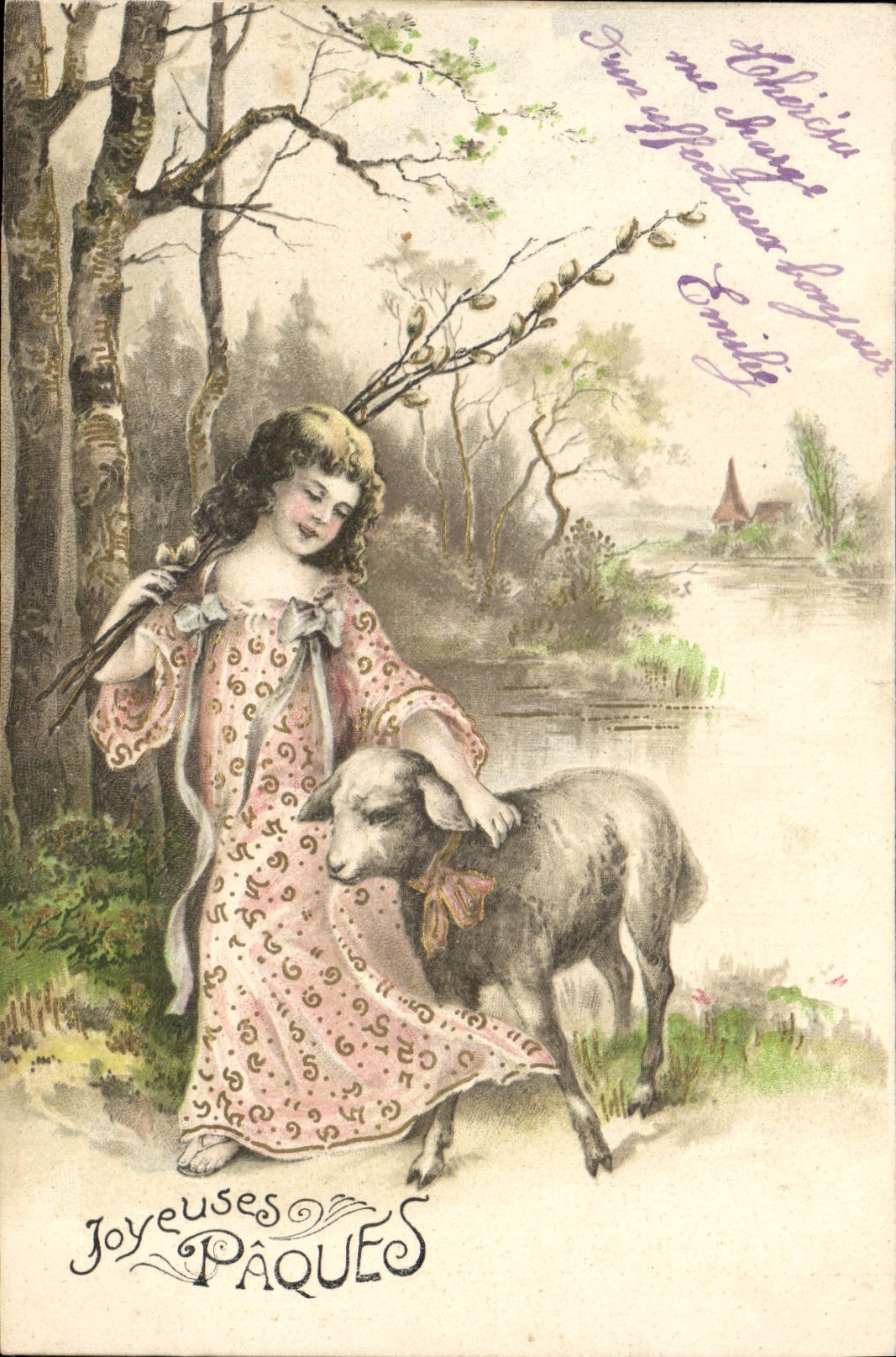 Vintage Postcard Fantasy Child Easter Sheep