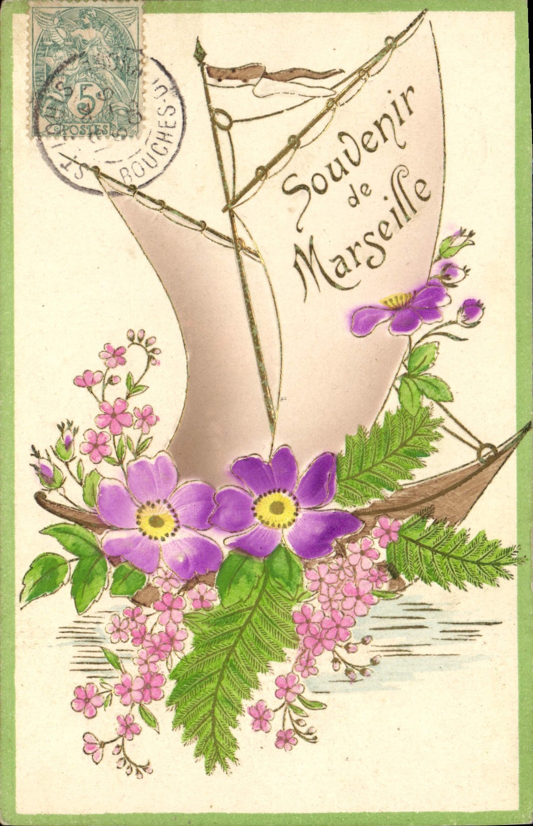 Vintage Postcard Fantasy Flowers Boat Memory of Marseilles