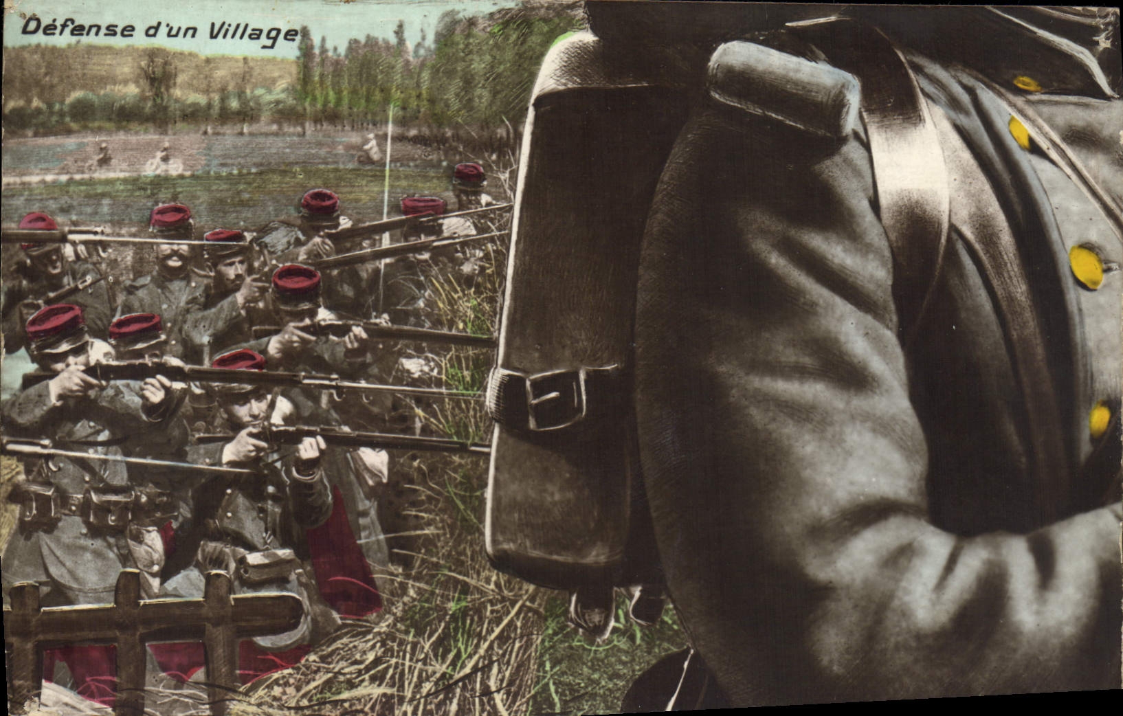 CPA Puzzle Militaria Defense d'un village