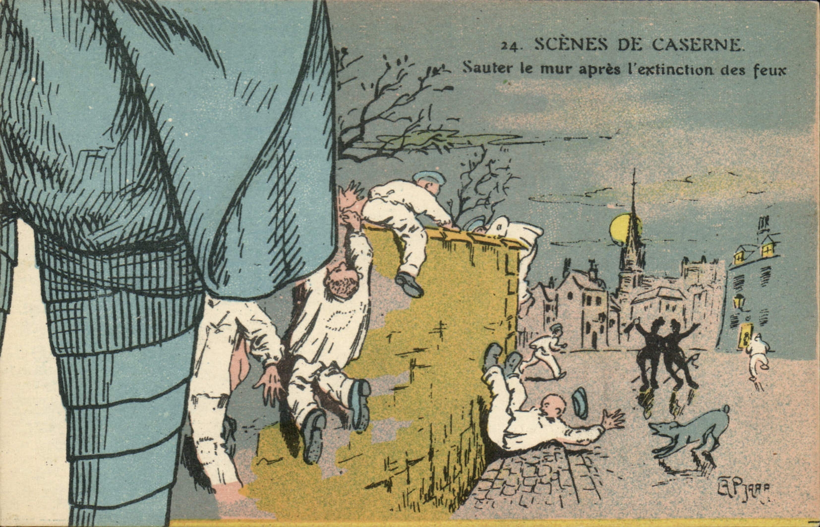 Vintage Postcard Militaria Puzzle To jump the wall after the extinction of fires