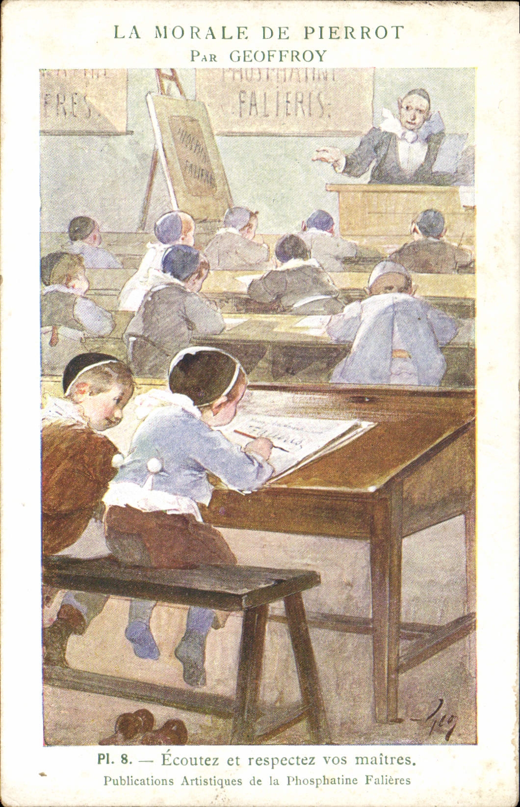 CPA Enfant La morale de Pierrot par Geoffroy Ecoutez et respectez cos maitres Ecole 