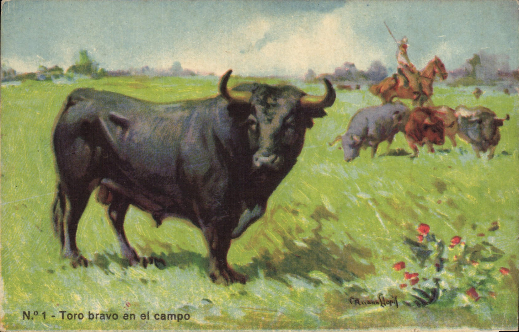 Vintage Postcard Bullfight Bullfight Toro cheer in el campo
