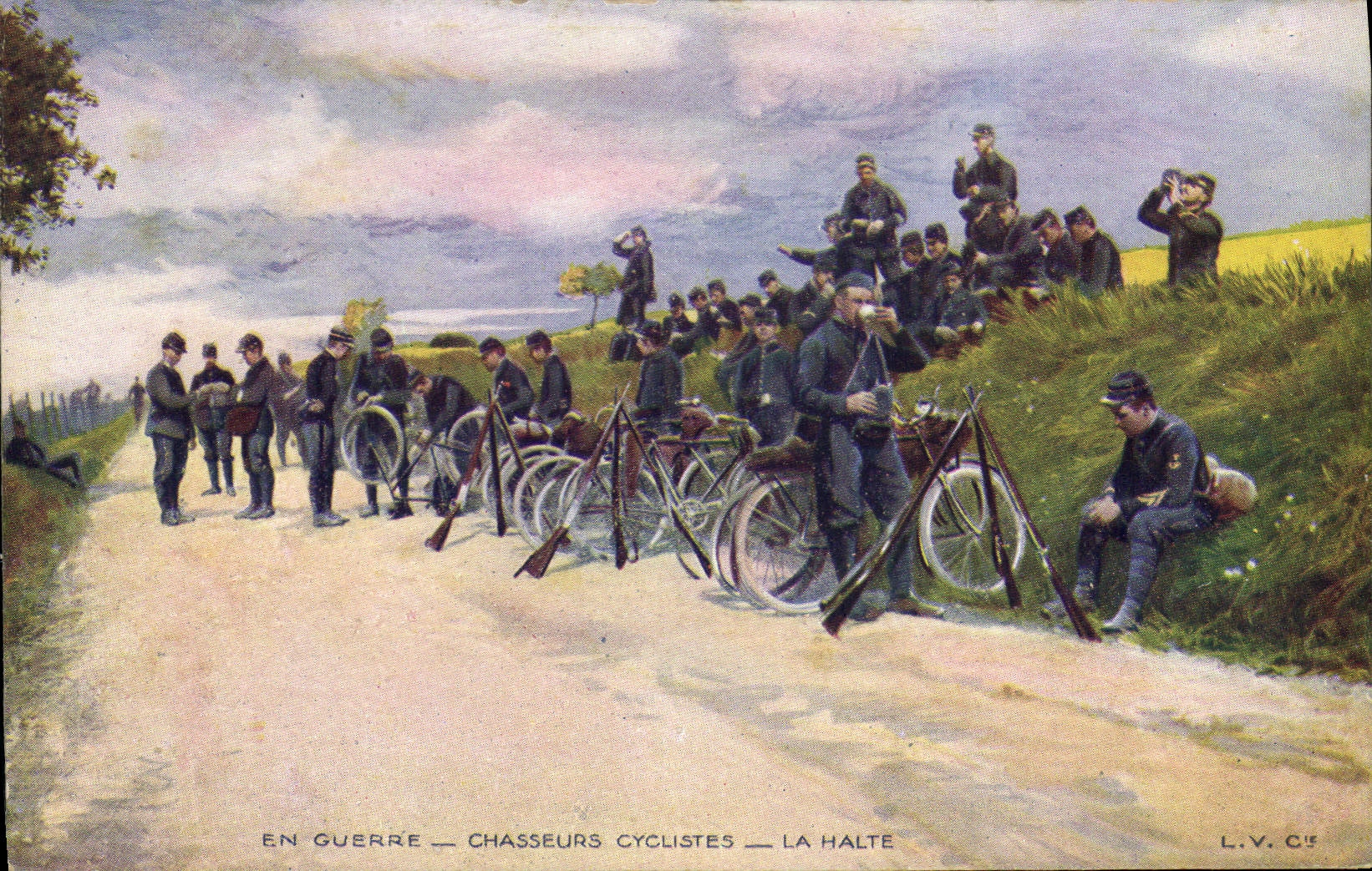CPA Militaria Chasseurs cyclistes La halte Velo Cycle