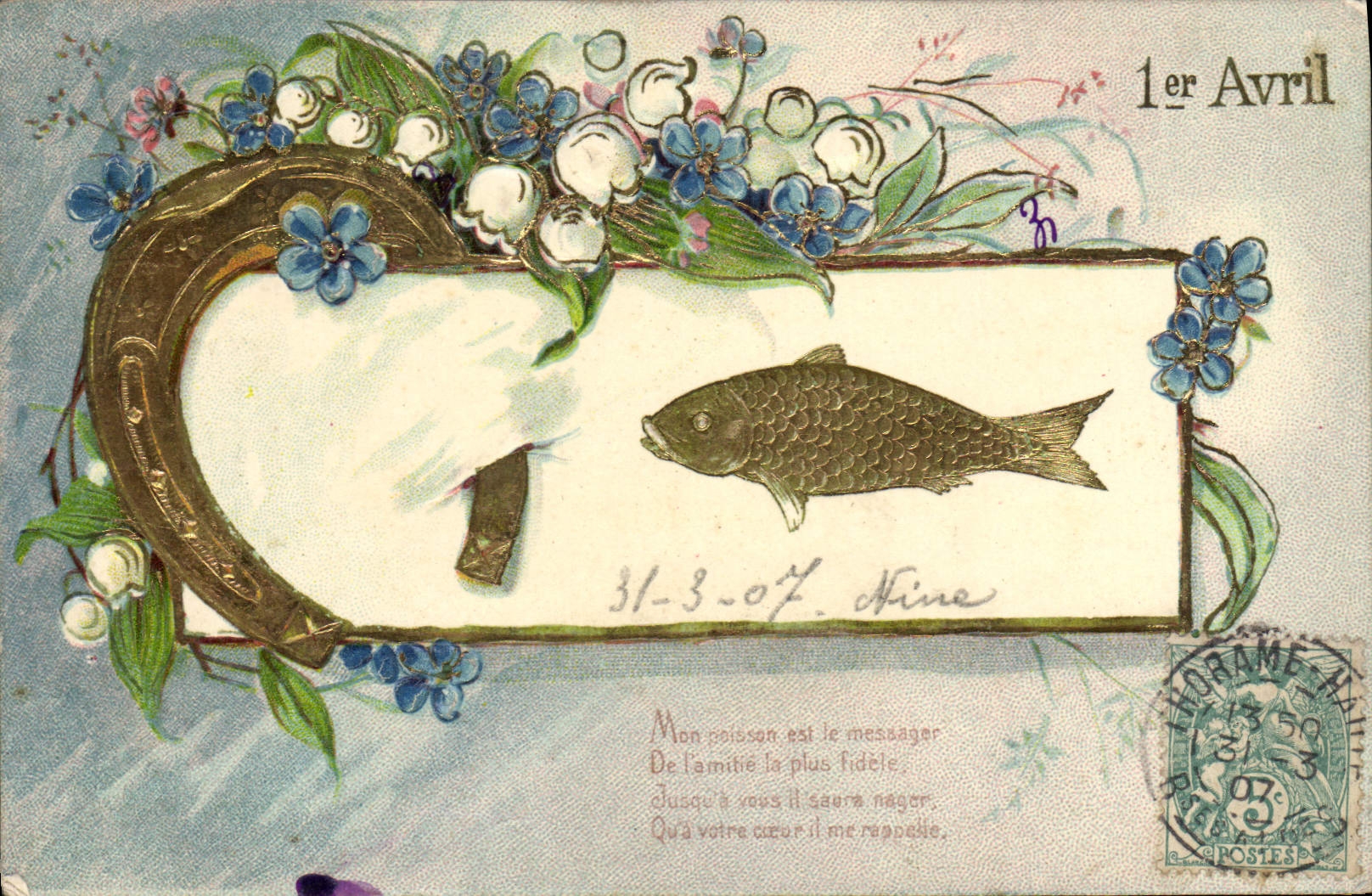 Vintage Postcard Fantaisie Flowers Poisson April 1st Horseshoe