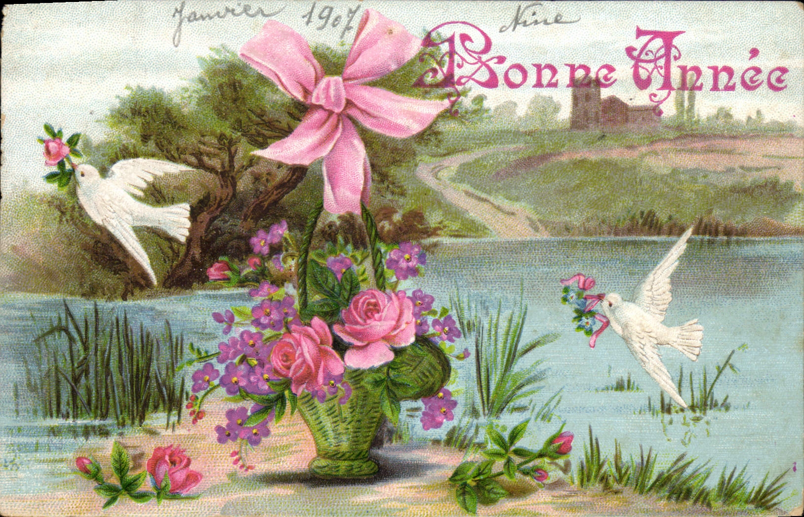 Vintage Postcard Fantasy Flowers Doves Bonen year