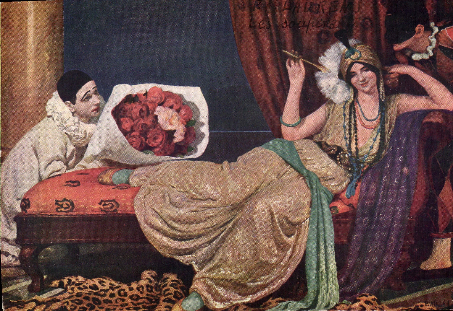 Postal Fantasia Pierrot Salón de 1913 de Paul Albert Laurens el que suspira