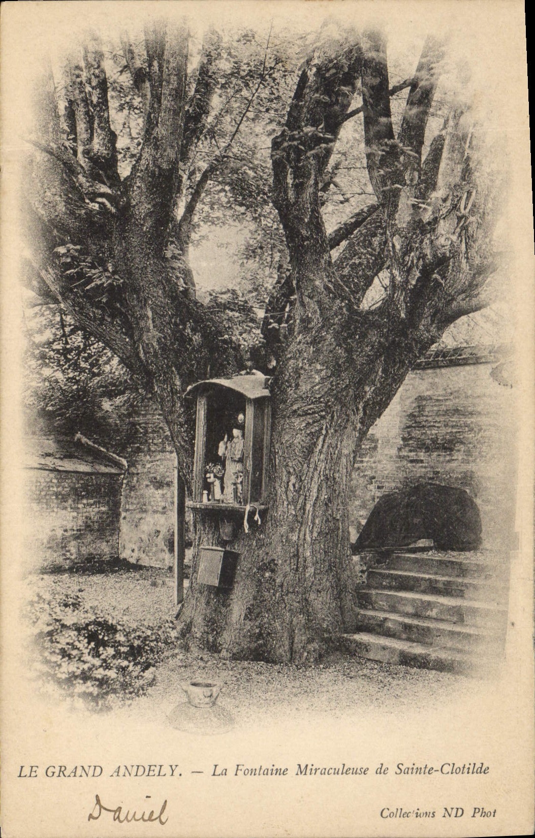 Vintage Postcard Tree Large Andely the miraculous fountain of Holy Clotilde