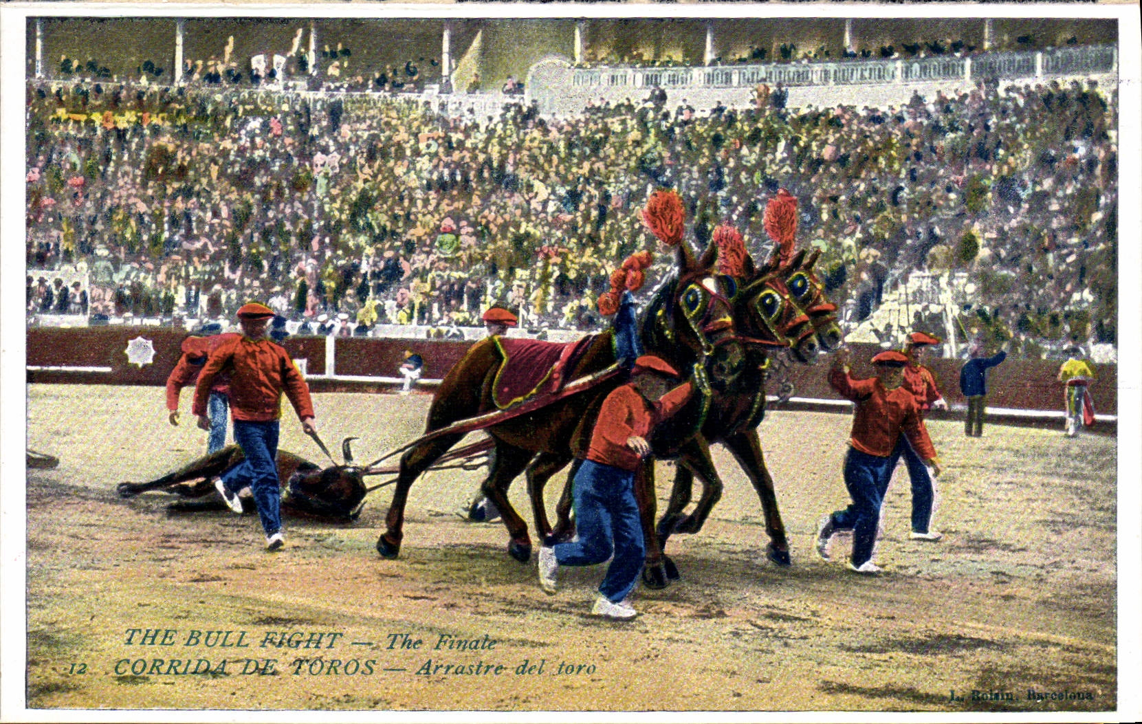 Postal Corrida Curso de toros Corrida de Toros Arrastre del Toro Caballos Caballo