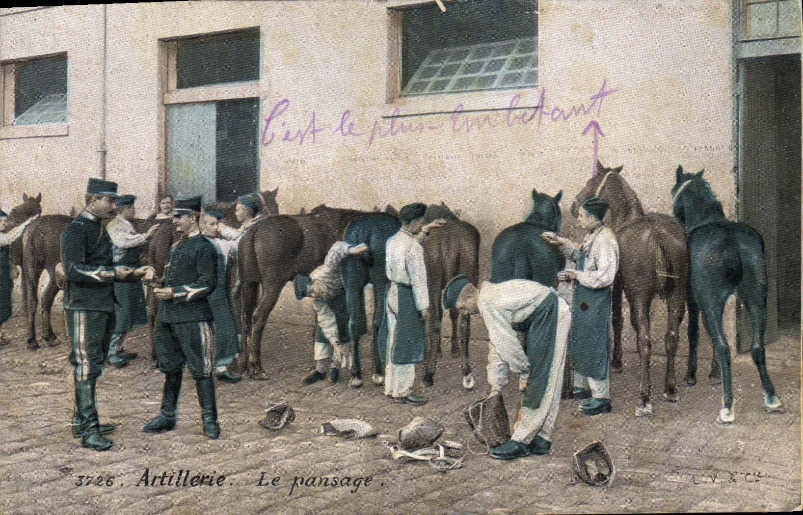 CPA Militaria Artillerie Le pansage Cheval 