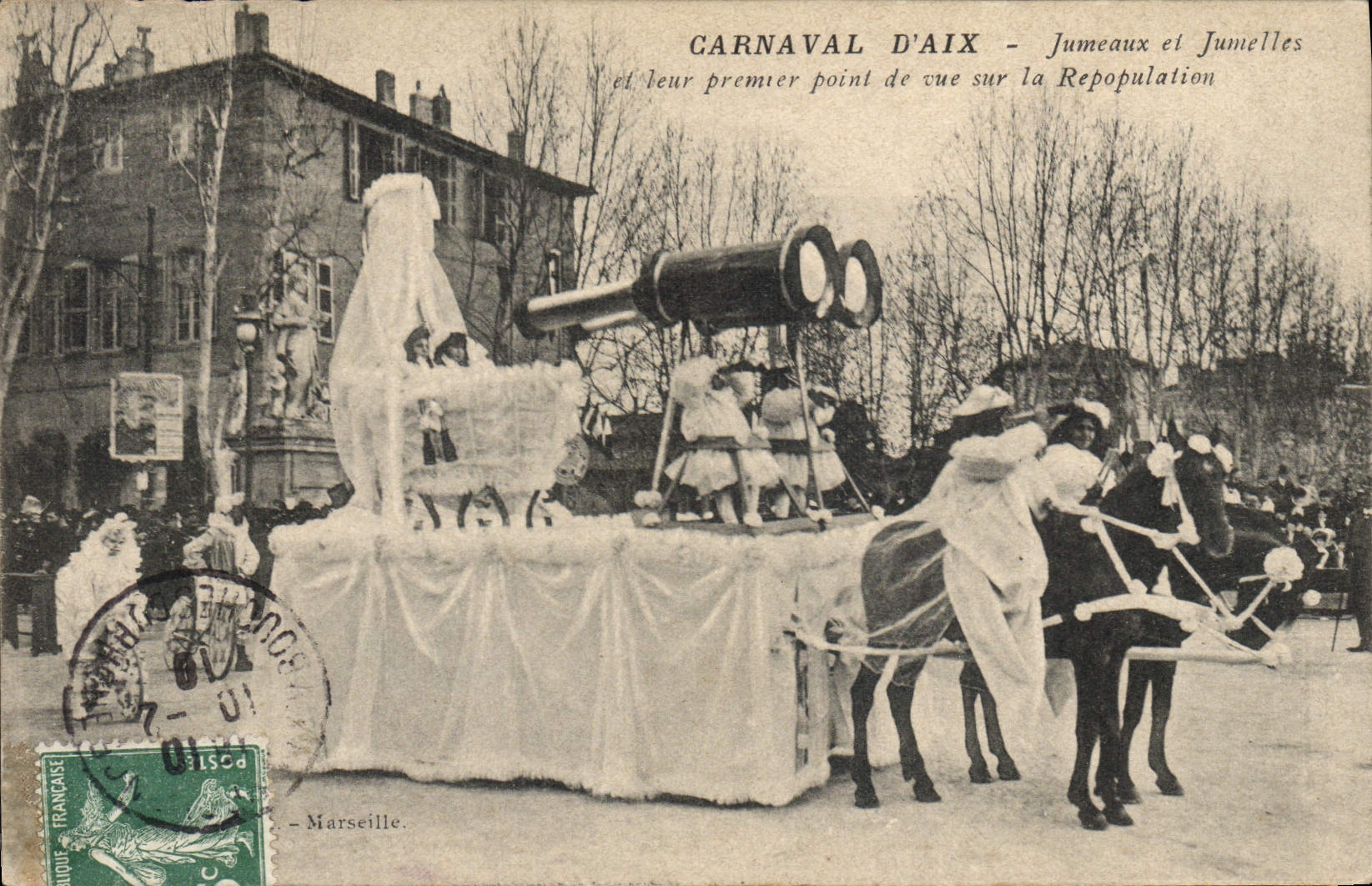 Vintage Postcard Carnival of Aix Twins and Binoculars and their first point of view on Aix Repopulation in Provence
