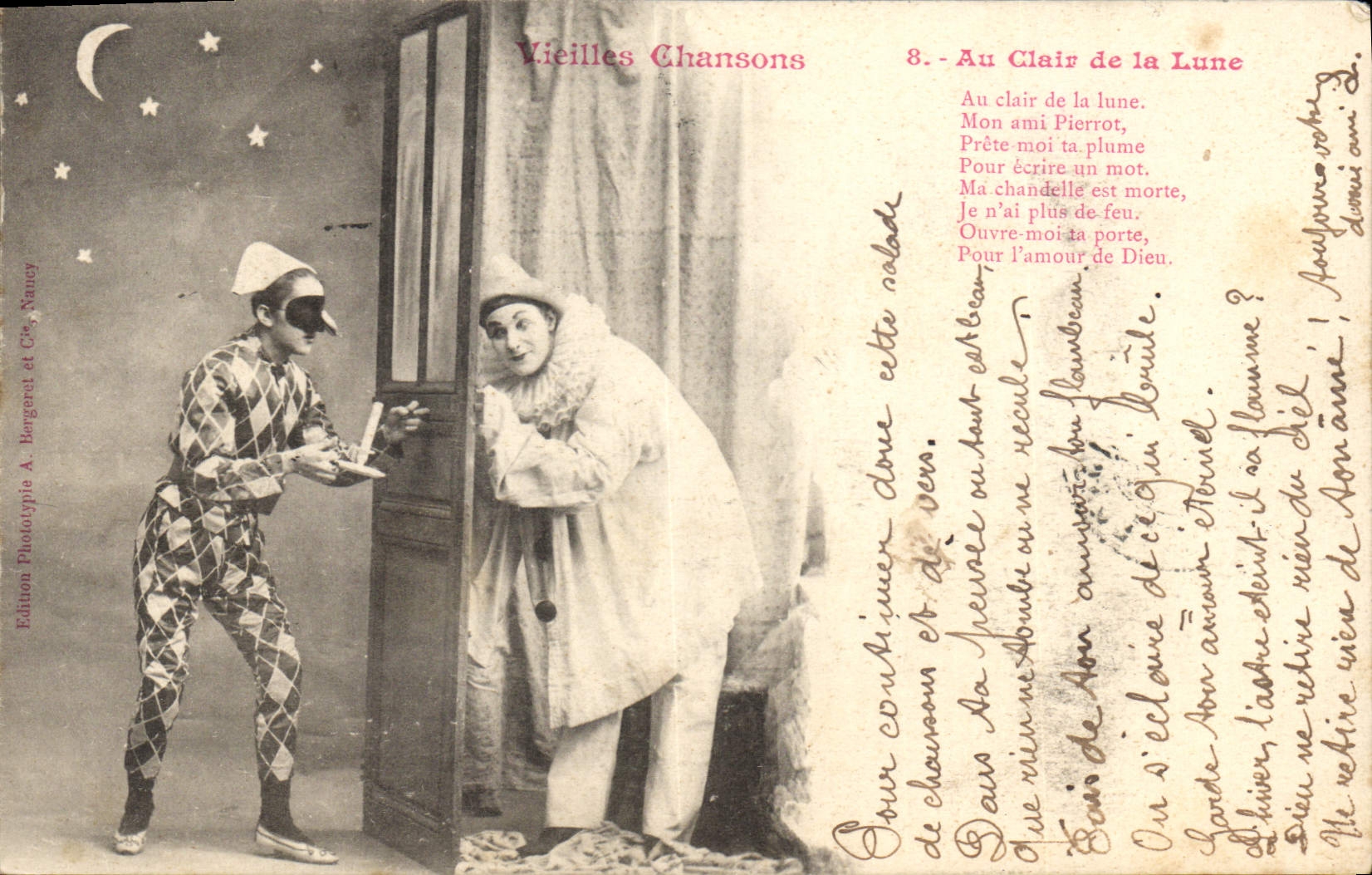 Postal Fantasia Pierrot Pierrots a la luz de la luna