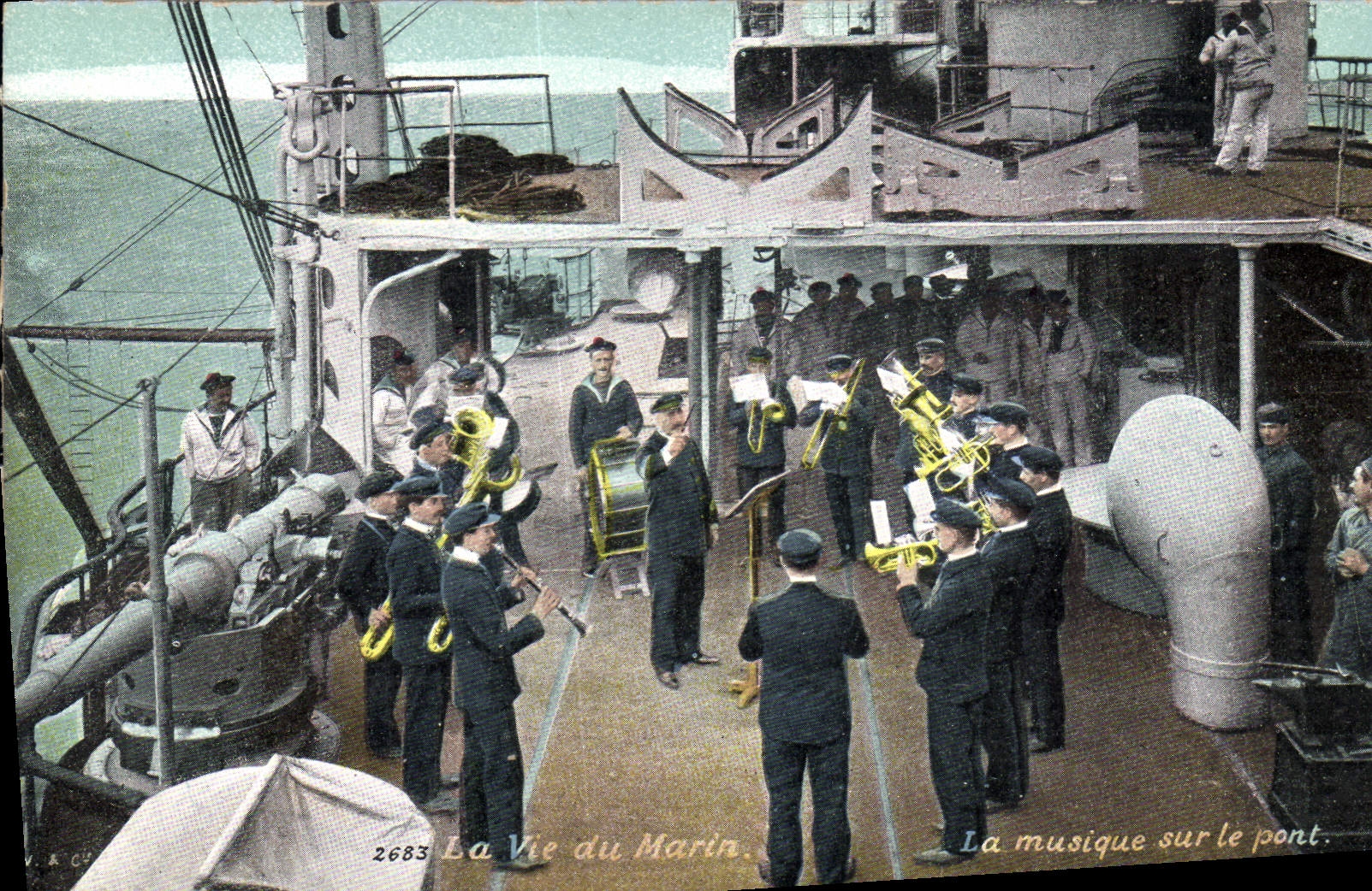 Vintage Postcard Militaria life of the sailor music on the bridge Coppers