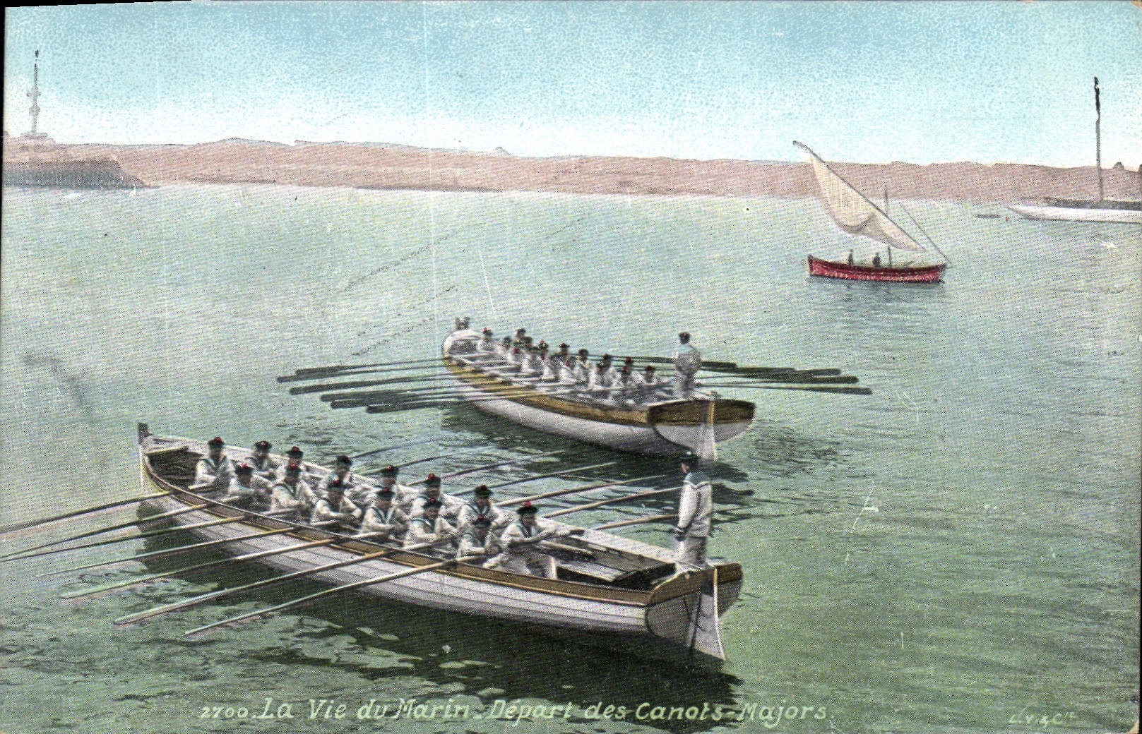 Postal Militaria la vida del marinero Salida de los botes - comandantes