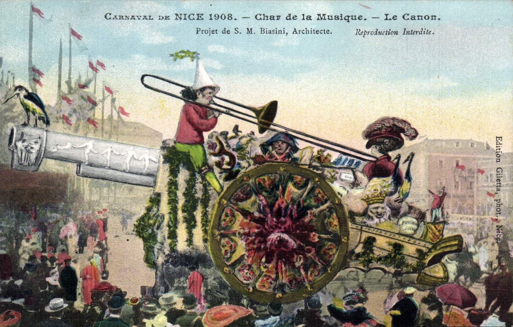 CPA Carnaval de Nice 1908 Char de la musique Le canon