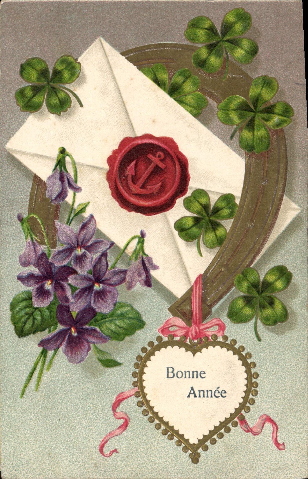Vintage Postcard Fantaisie Flowers Horseshoe Ancre