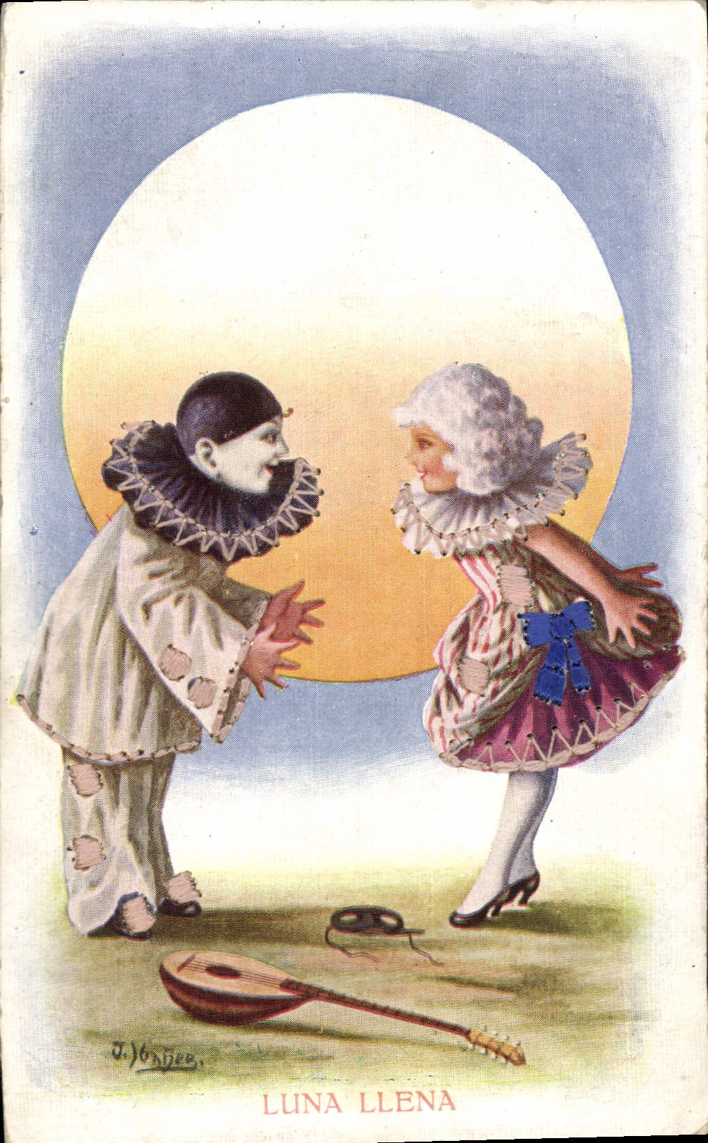 Vintage Postcard Pierrot Pierrots Luna Llena