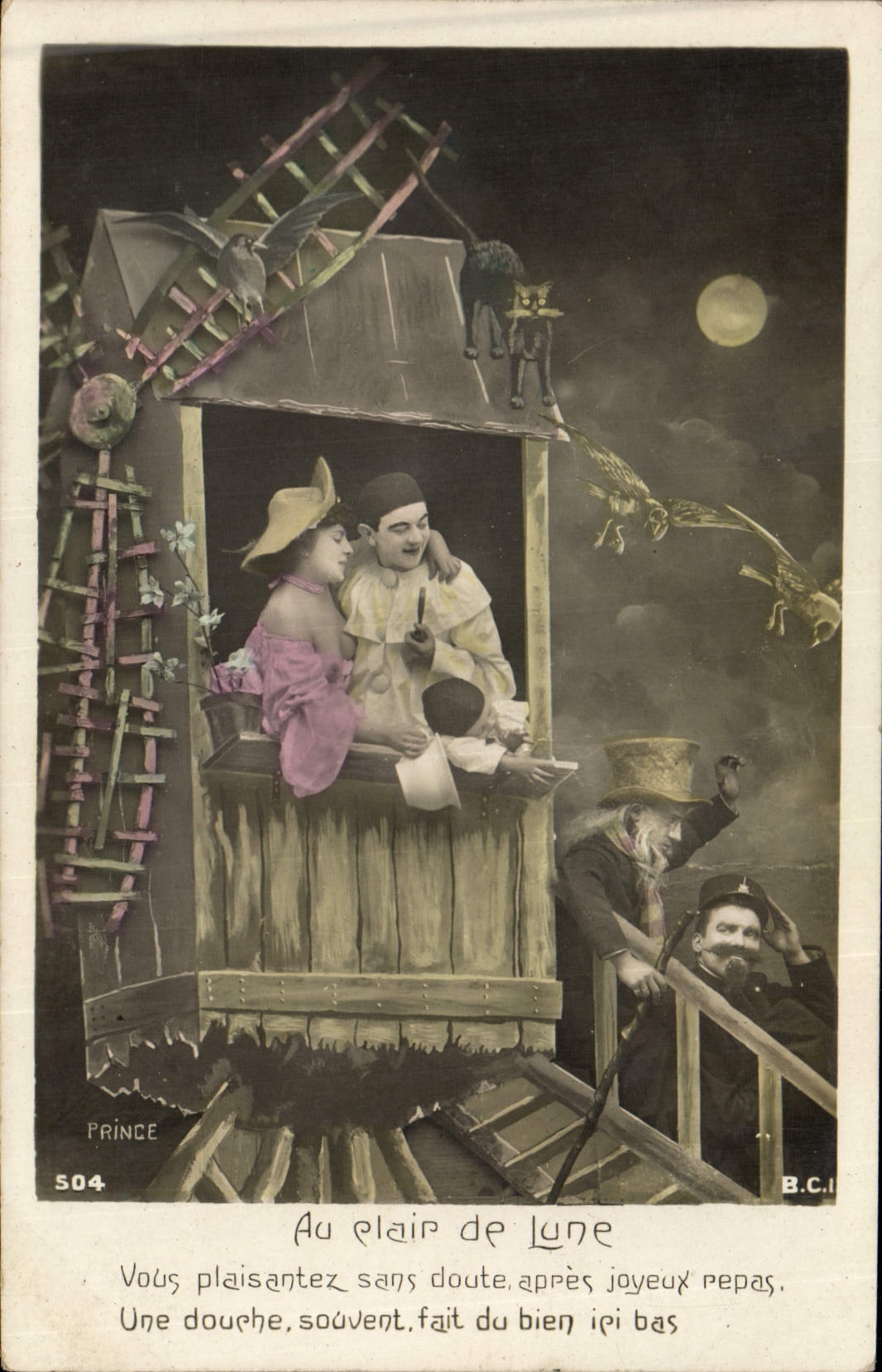 Vintage Postcard Pïerrot Pierrots With the moonlight Windmill