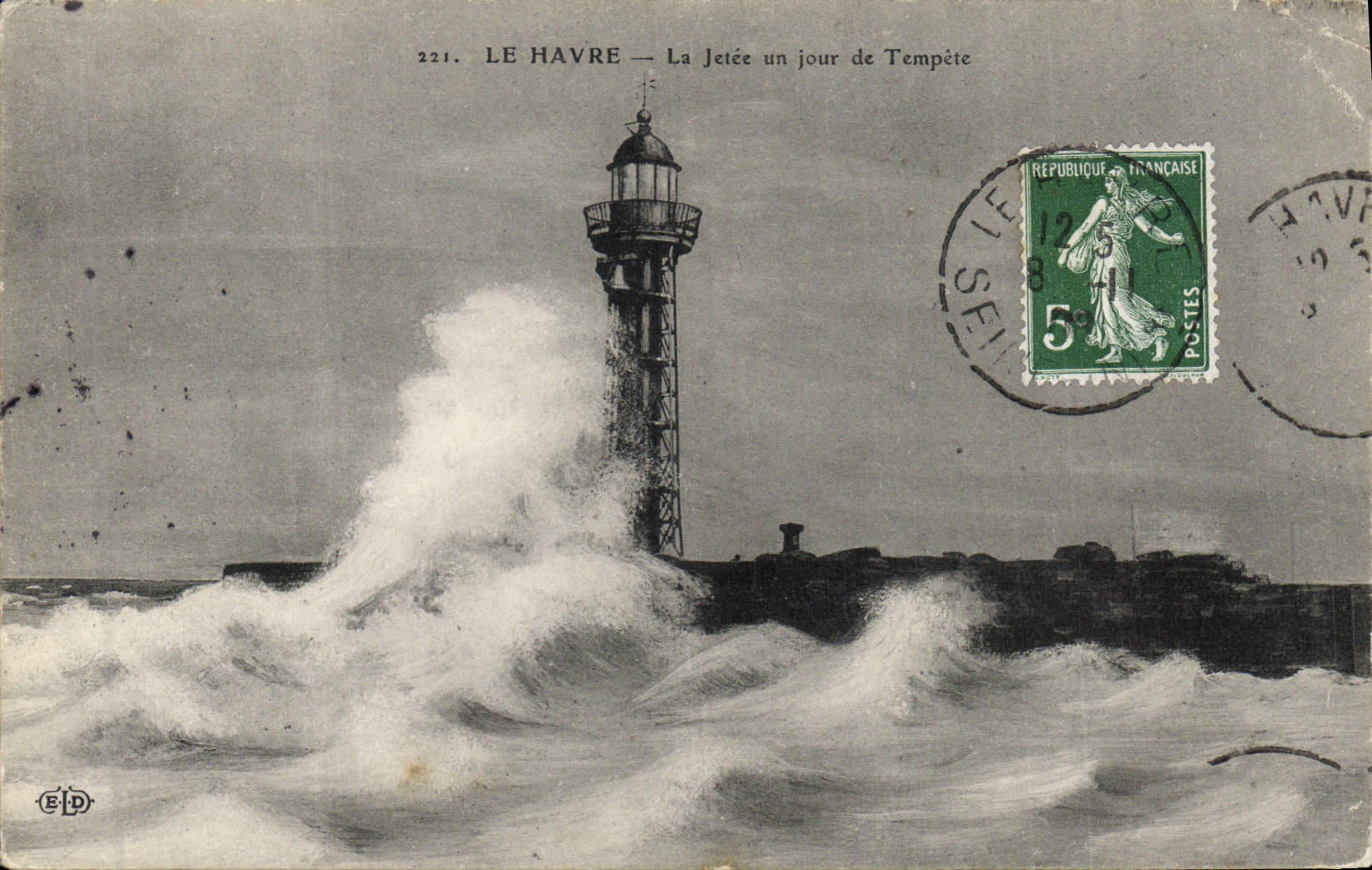 Vintage Postcard Le Havre the pier one day of storm Headlight