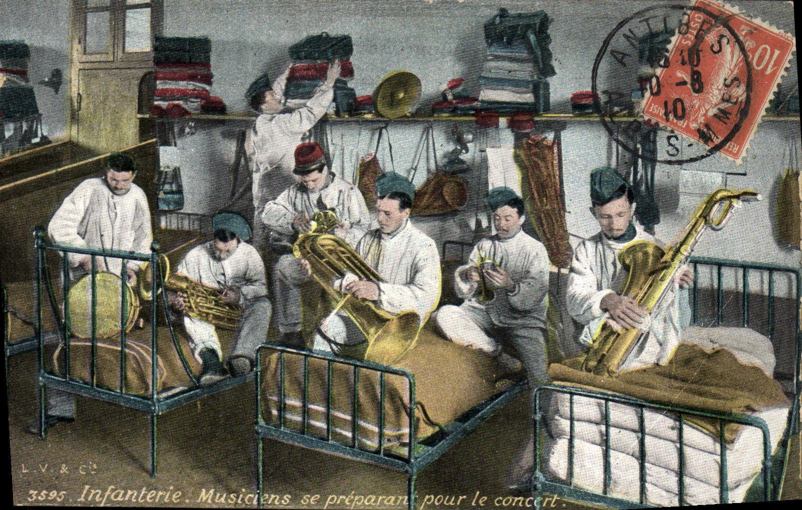 Vintage Postcard Militaria Infantry Musicians preparing for the concert Coppers Saxophone Tuba