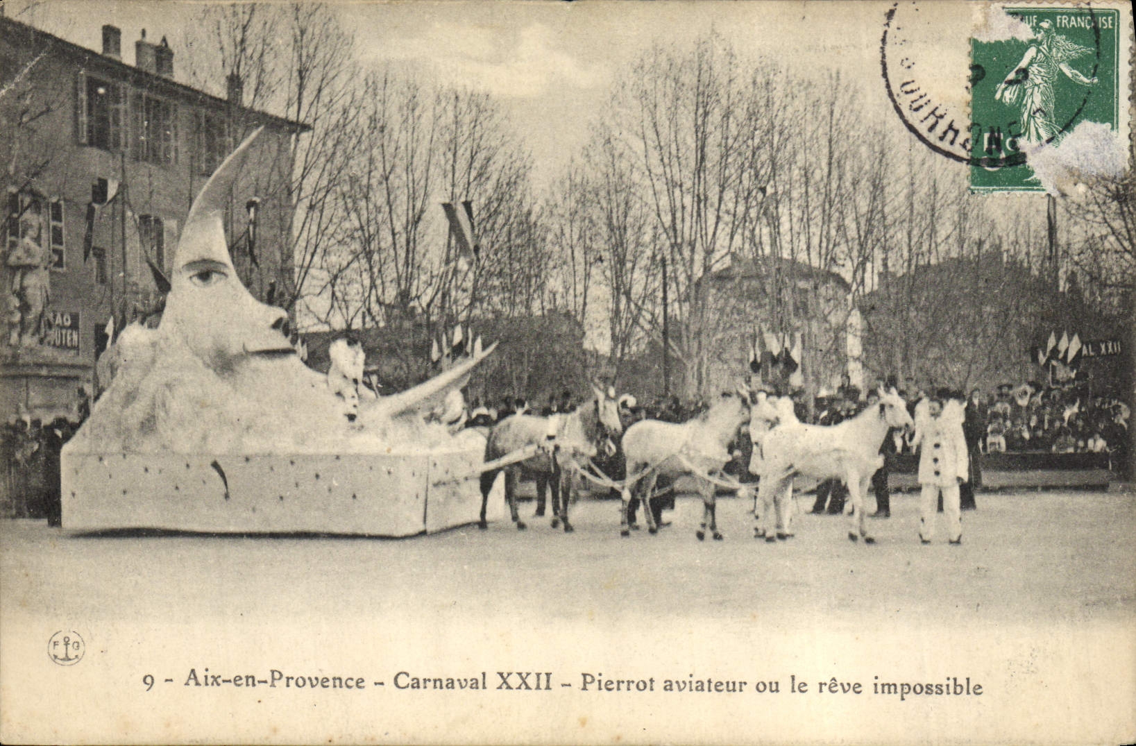 Postal Carnaval XXII Aix en Provence Pierrot aviador o el sueño imposible Luna Aviación