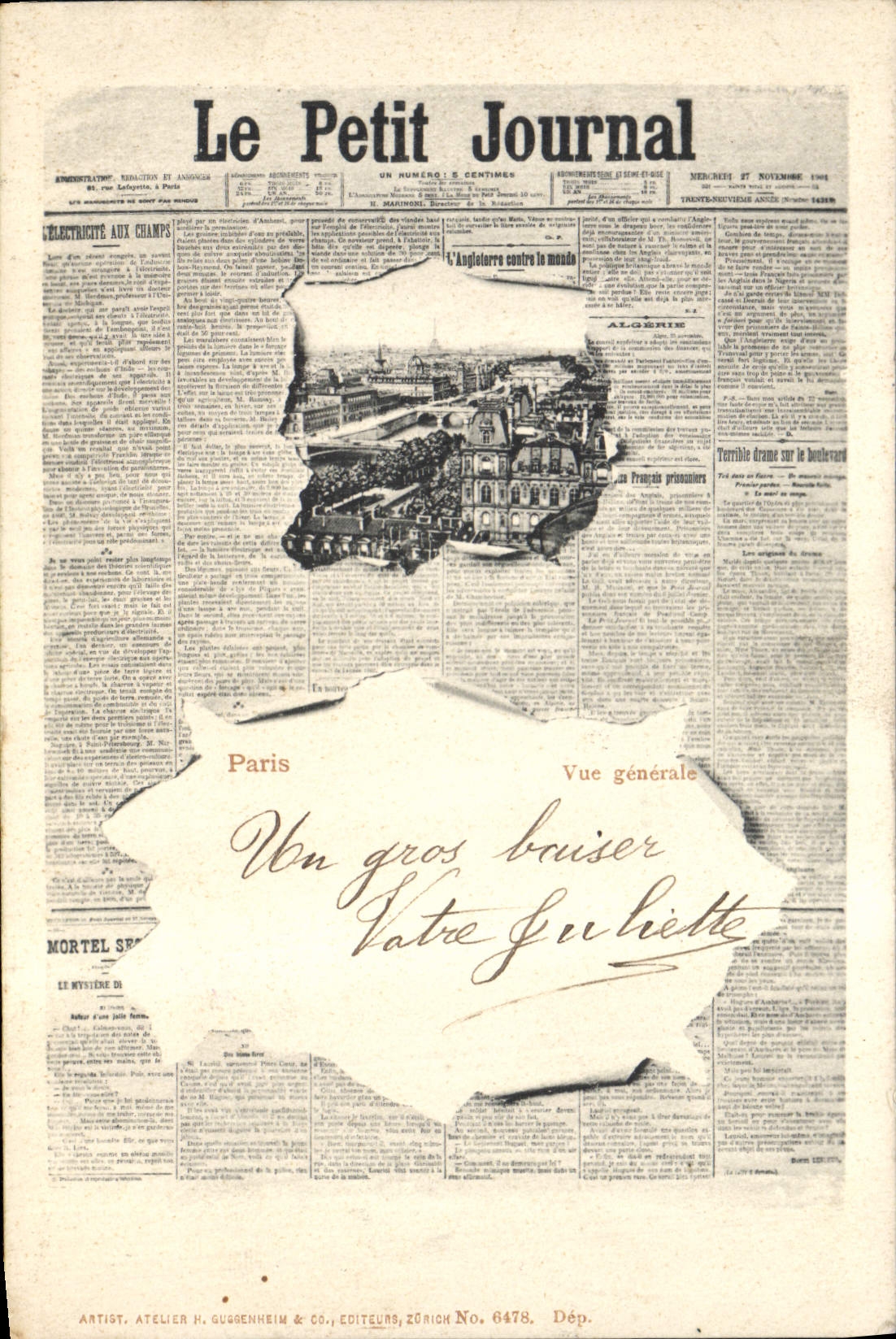 Vintage Postcard Fantasy Newspapers the Small Newspaper Paris Town hall Tower Eiffel SIGNAL