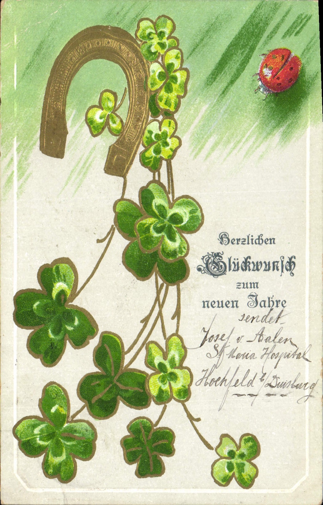 Postal Fantasia Flores Tréboles Hierro tiene caballo Coccinelle