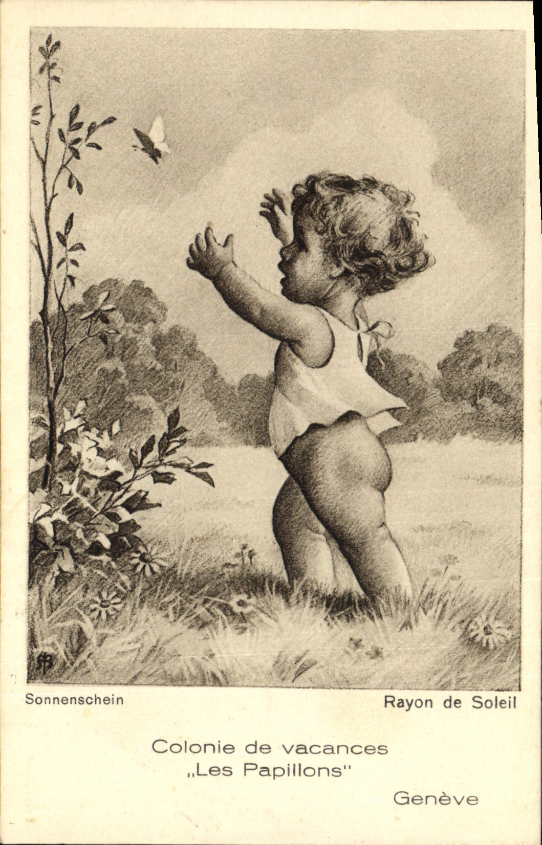 Vintage Postcard Child the butterflies Sun ray Colonies