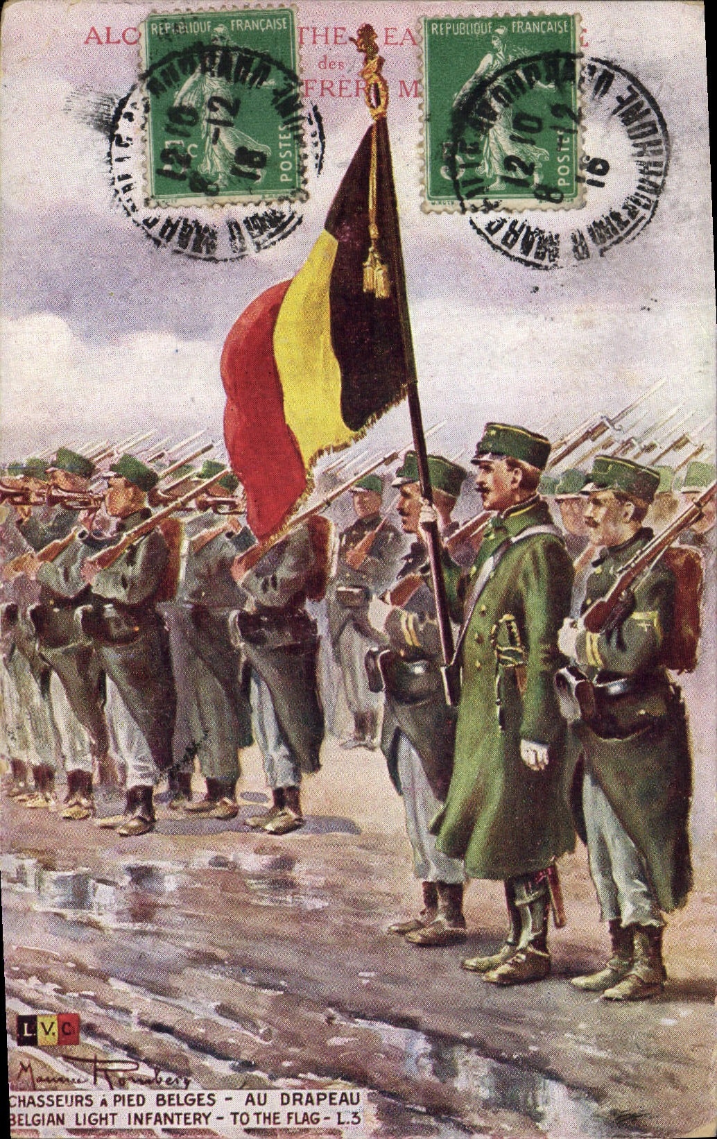Vintage Postcard Militaria Chasseurs touches bottoms Belgian With the flag