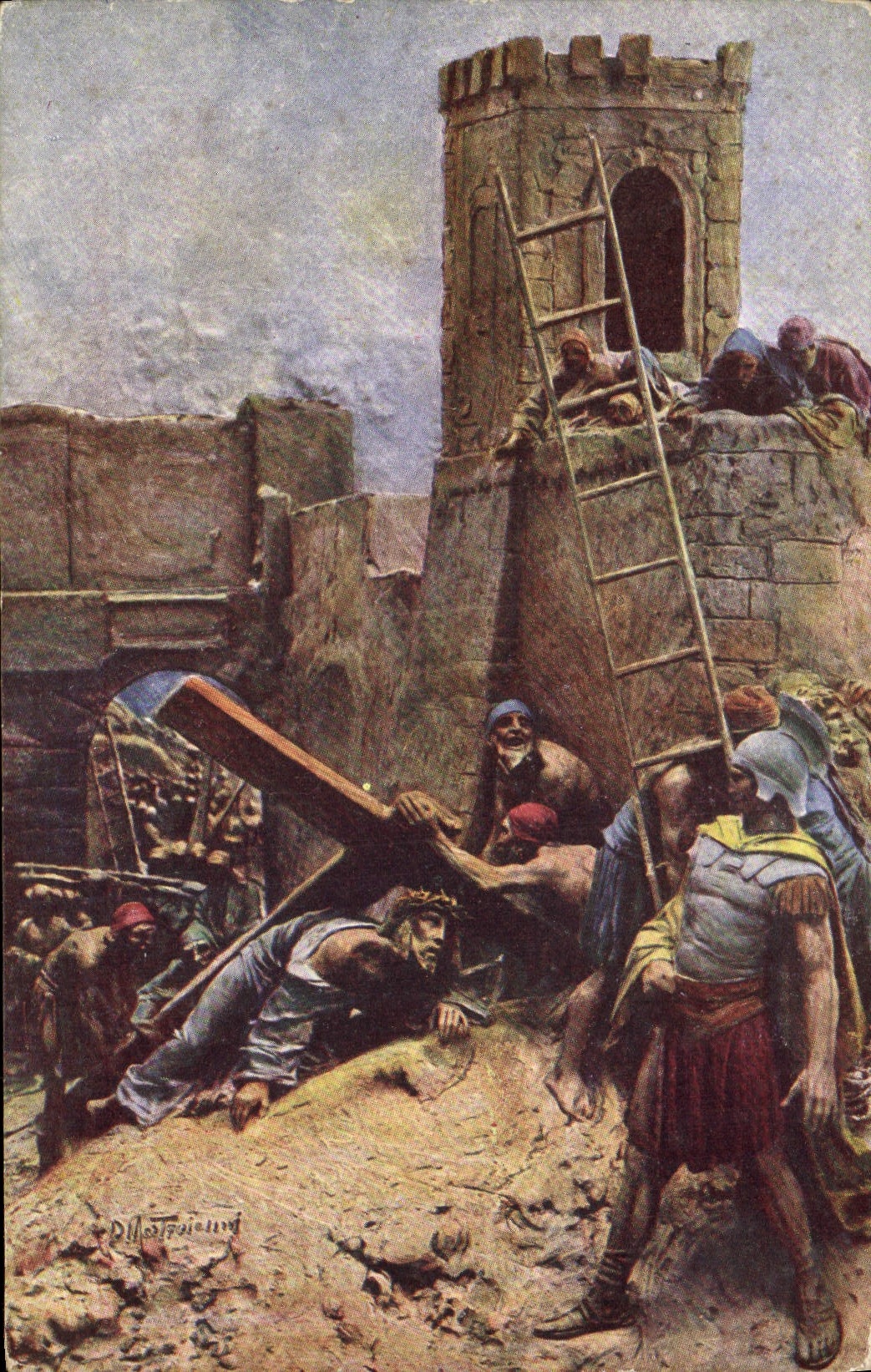 Postal Fantasia Ilustrador Mastroianni la vida del Cristo Jesús cae por tercera vez