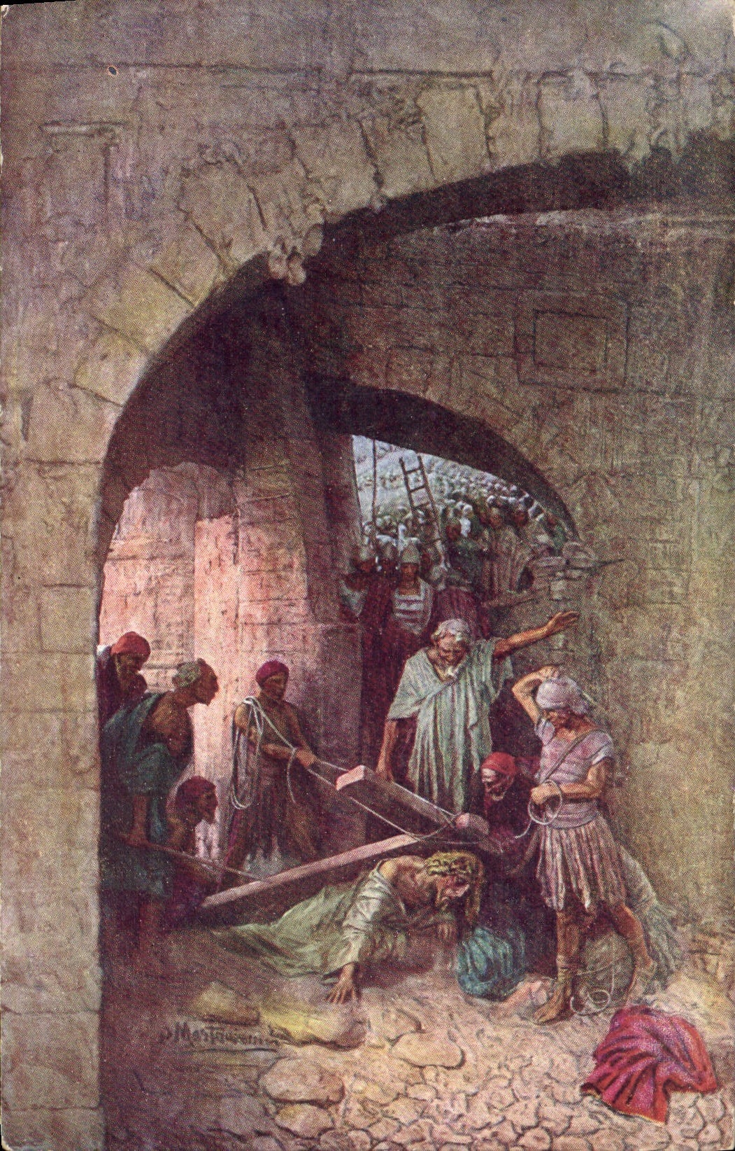 CPA Fantaisie Illustrateur Mastroianni Vie du Christ Jesus succombe sous le poids de la Croix