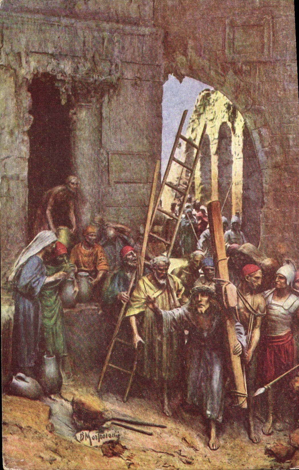 Postal Fantasia Ilustrador Mastroianni Vida del Cristo Jesús conforta a las muchachas de Jerusalén