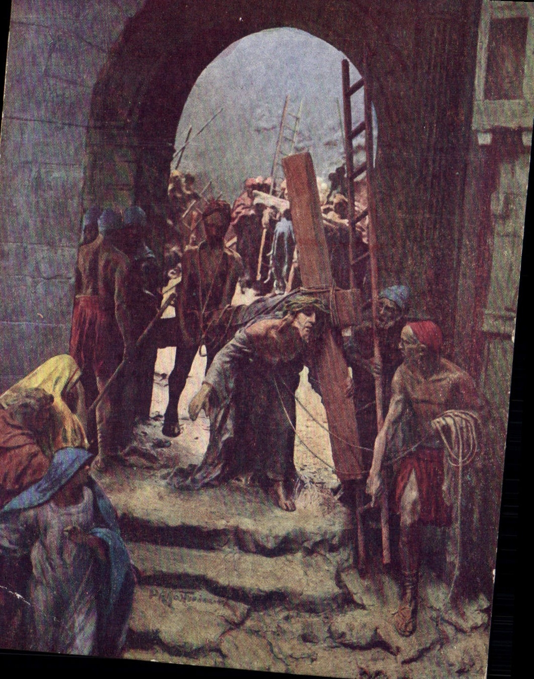 CPA Fantaisie Illustrateur Mastroianni Vie du Christ Simon le Cyreneen aide Jesus a porter sa croix