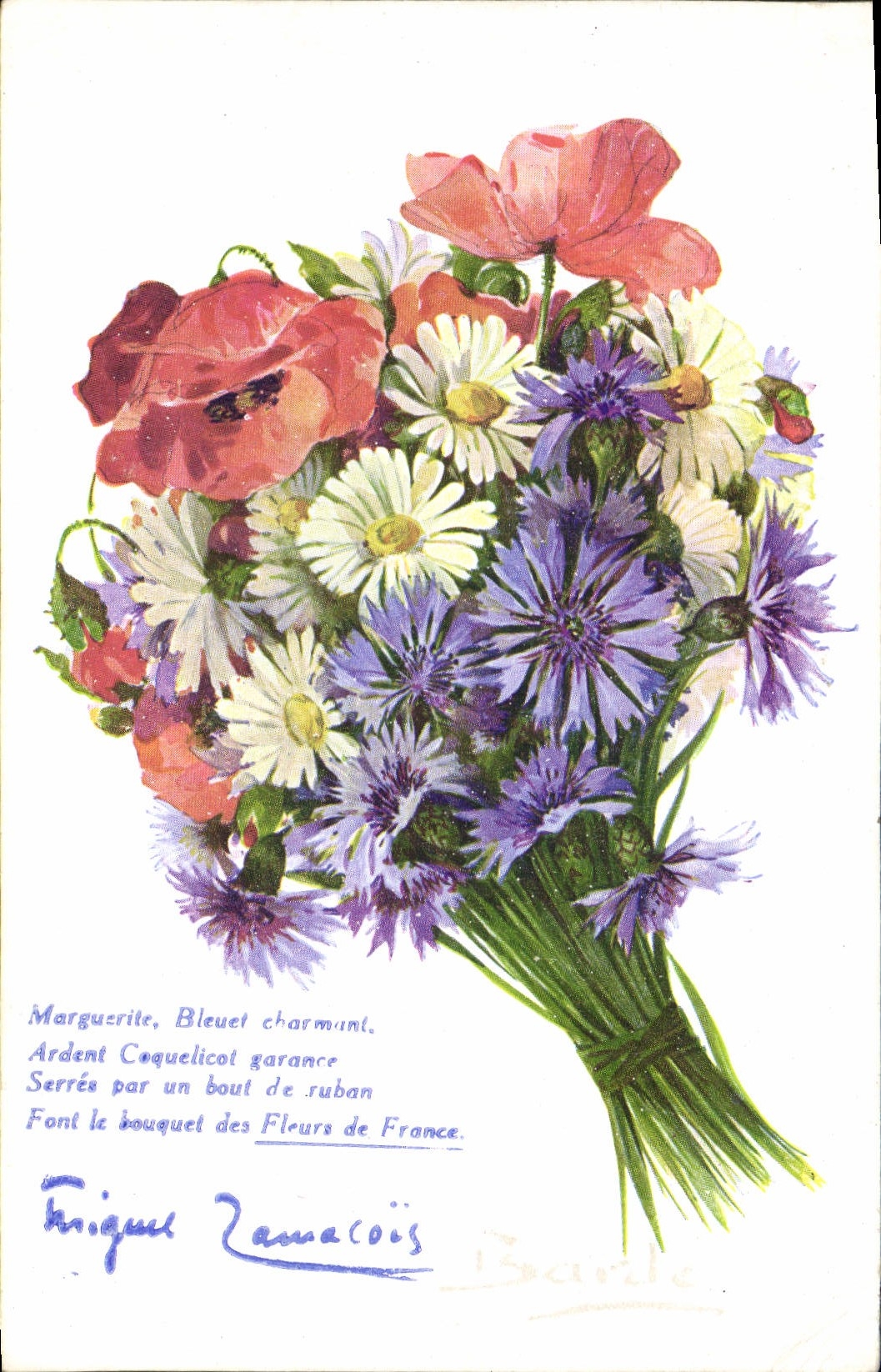 CPA Fantaisie Fleurs Margeurite Bleuet