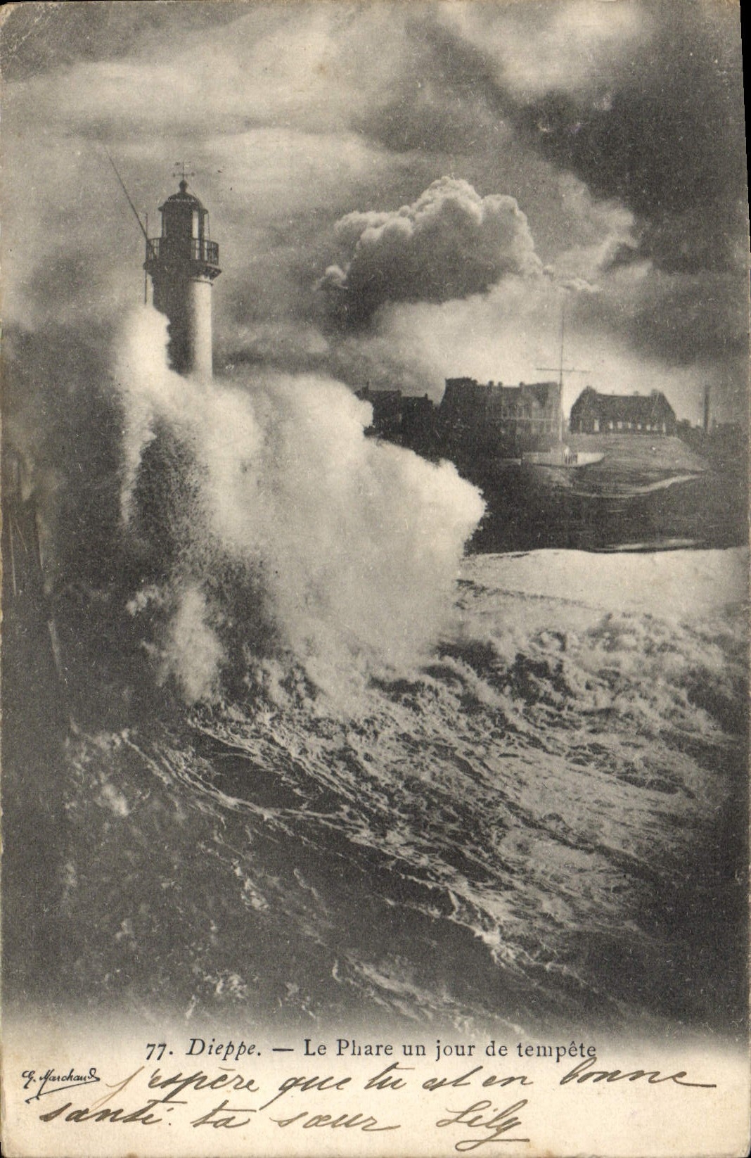 Vintage Postcard Dieppe Headlight the headlight one day of storm
